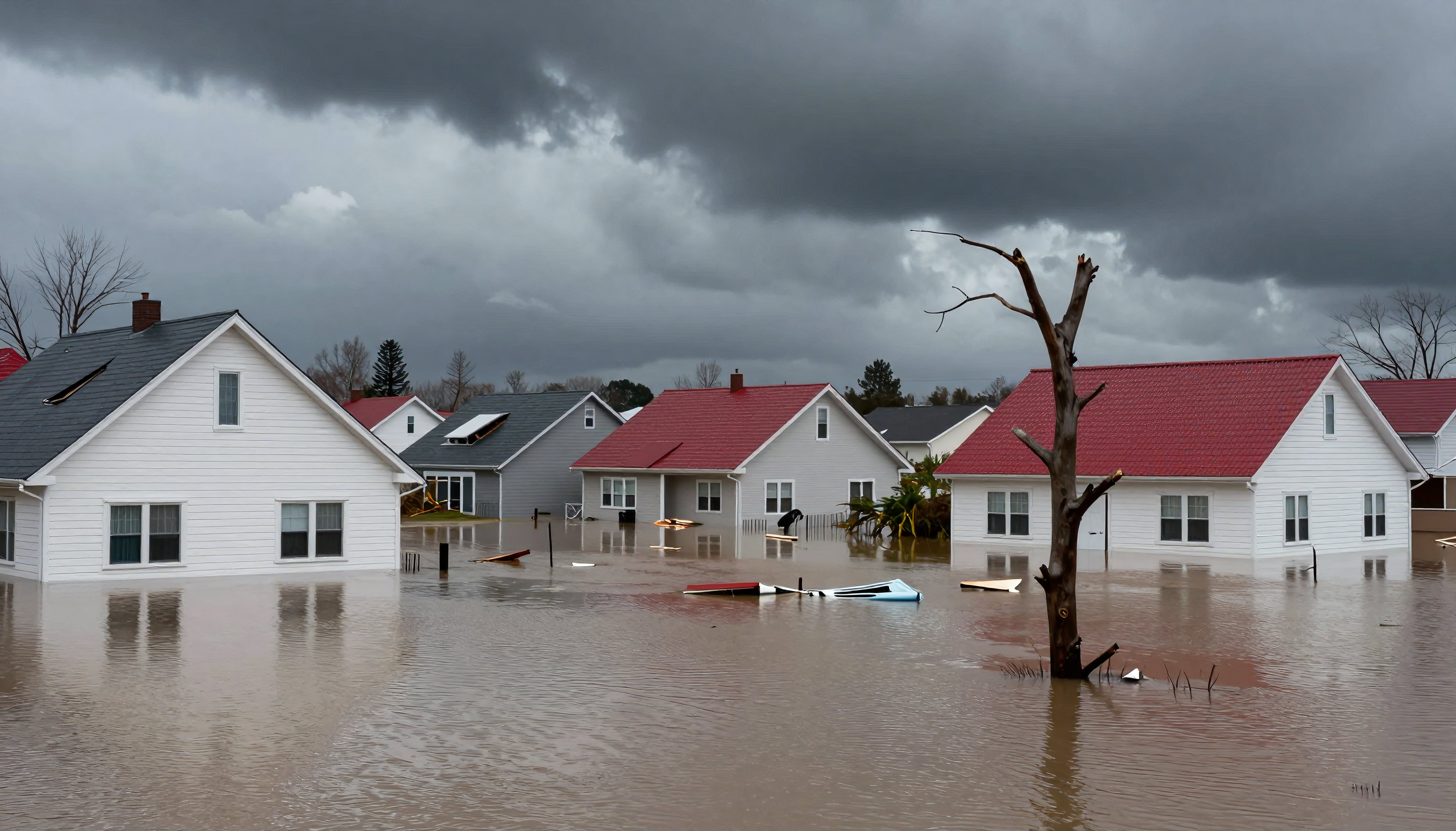 Flooded Residential Neighborhood Under Stormy Skies