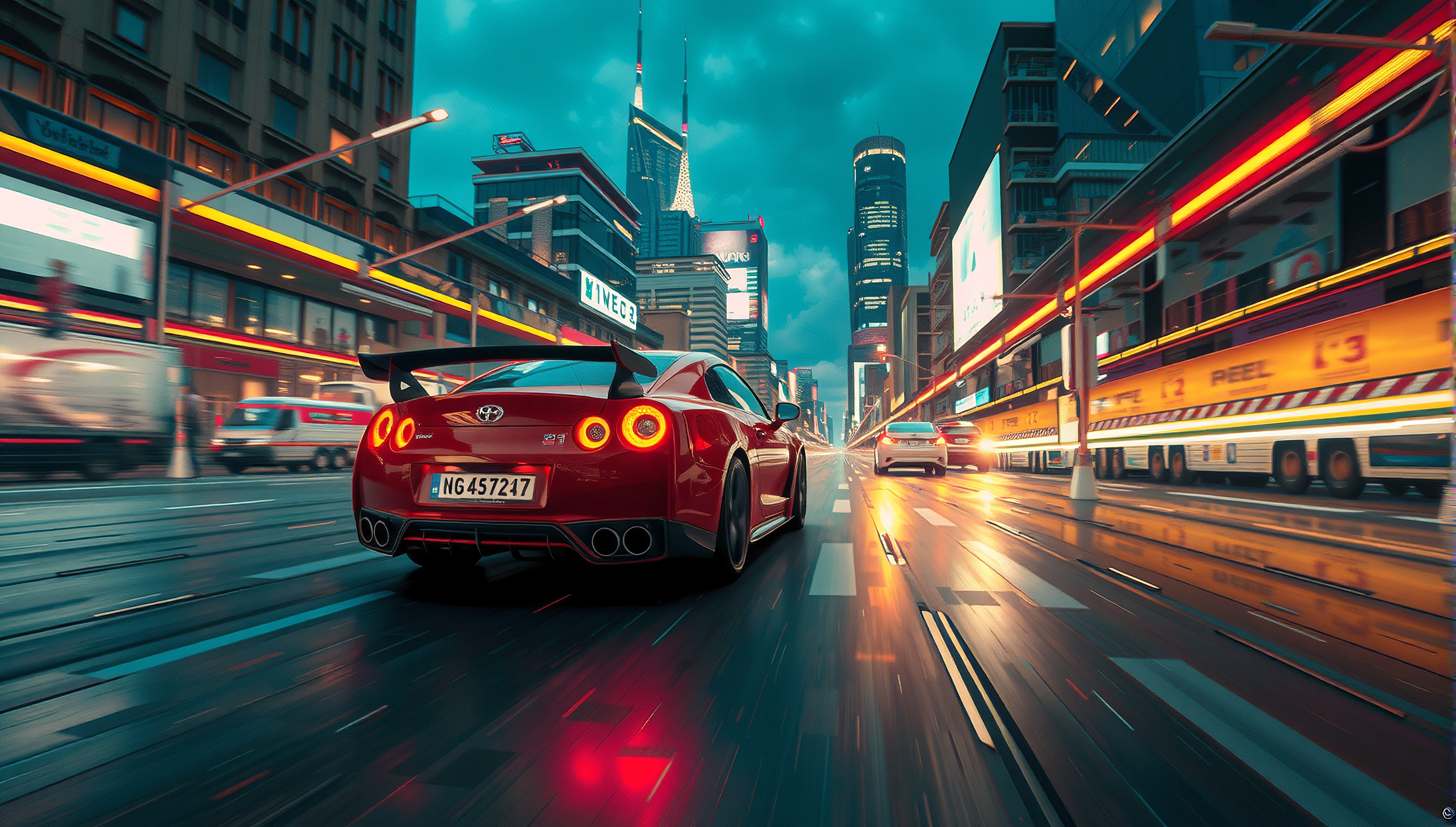Red Sports Car in Futuristic Cityscape at Dusk