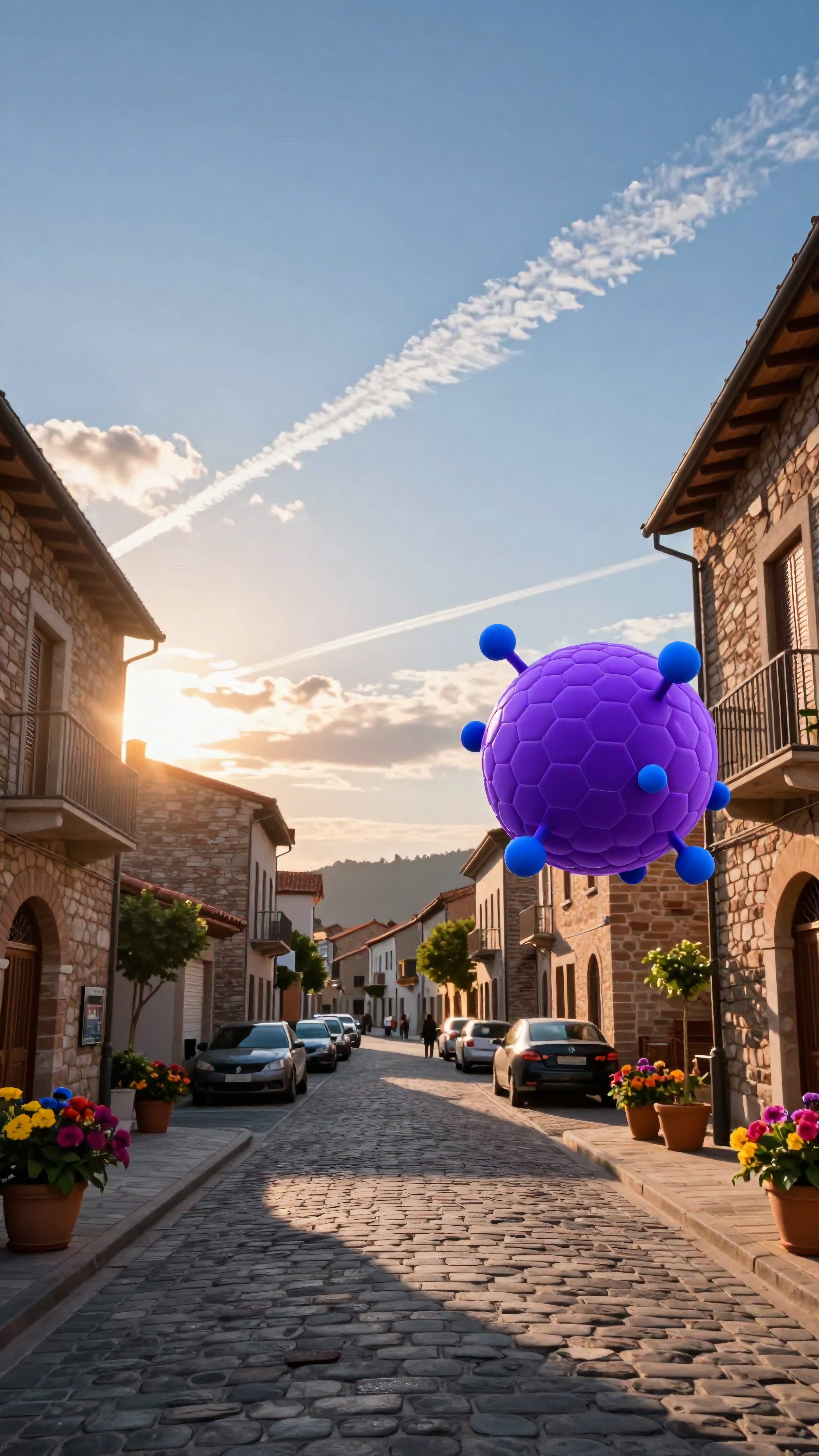Cobblestone Street with Purple Virus Illustration in Mediterranean Town at Sunset