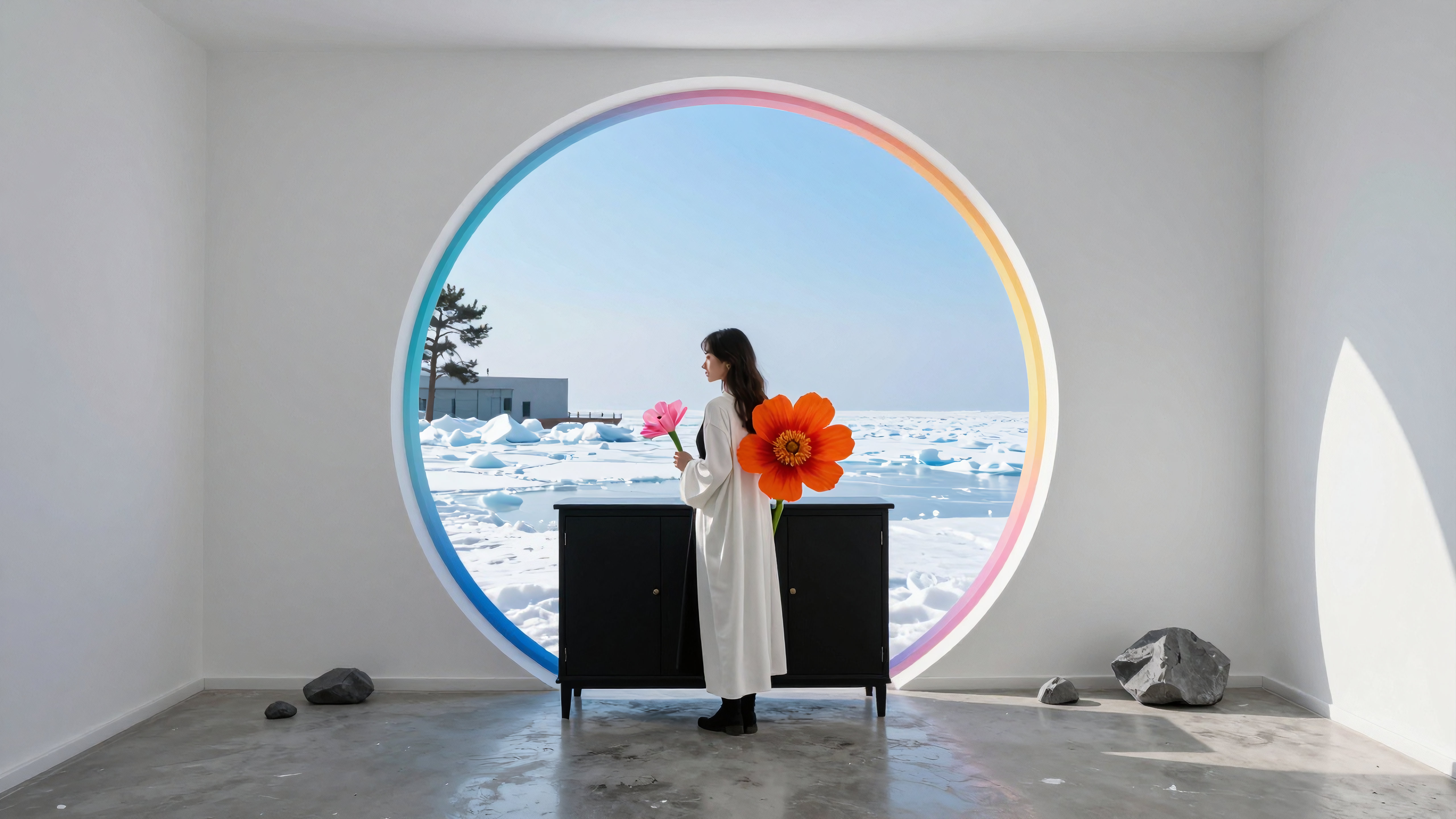 Woman with Flowers in Circular Frame Overlooking Frozen Landscape