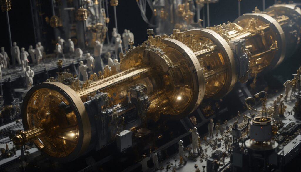 Golden Futuristic Industrial Machinery with Miniature Figures