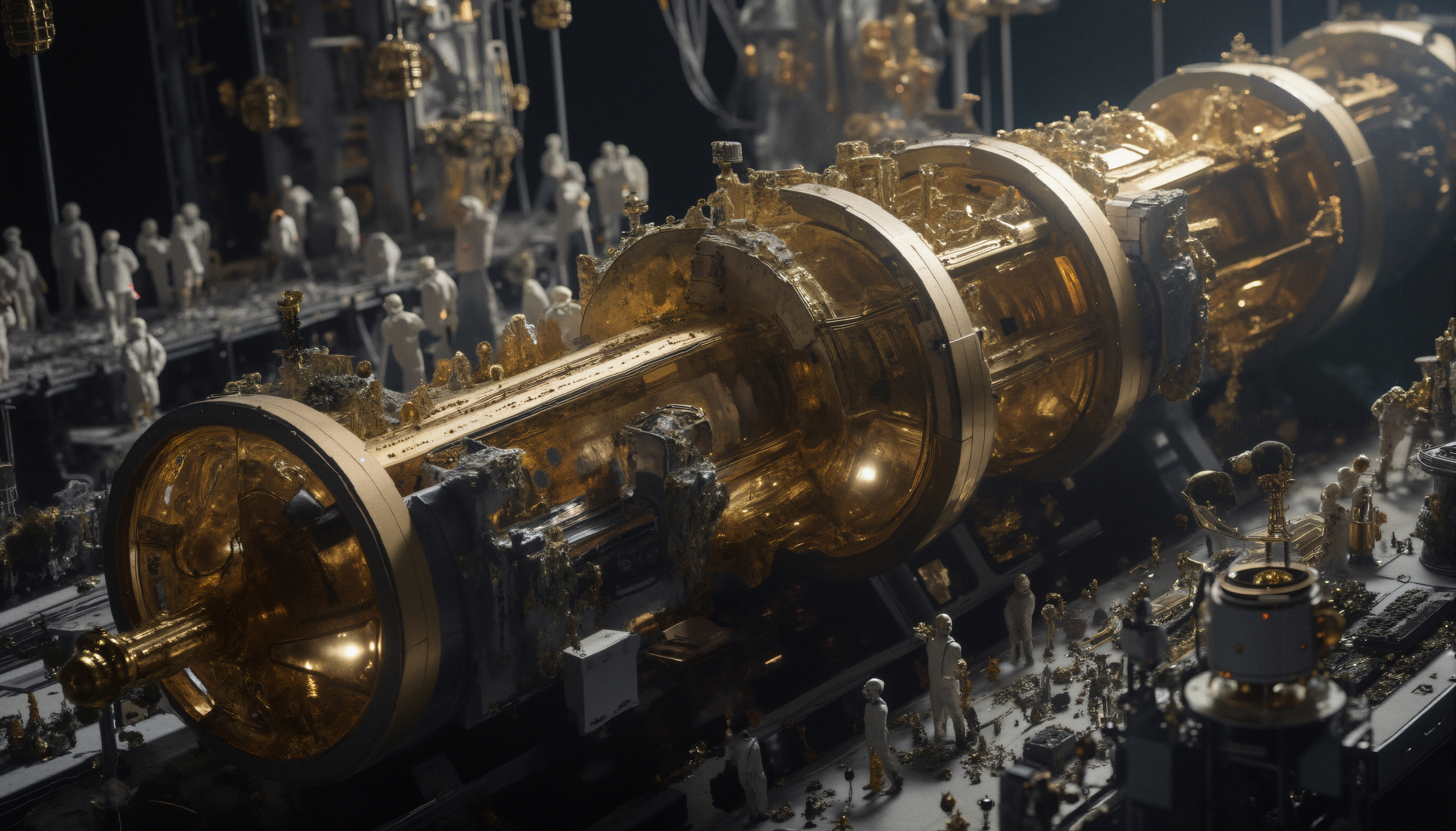 Golden Futuristic Industrial Machinery with Miniature Figures