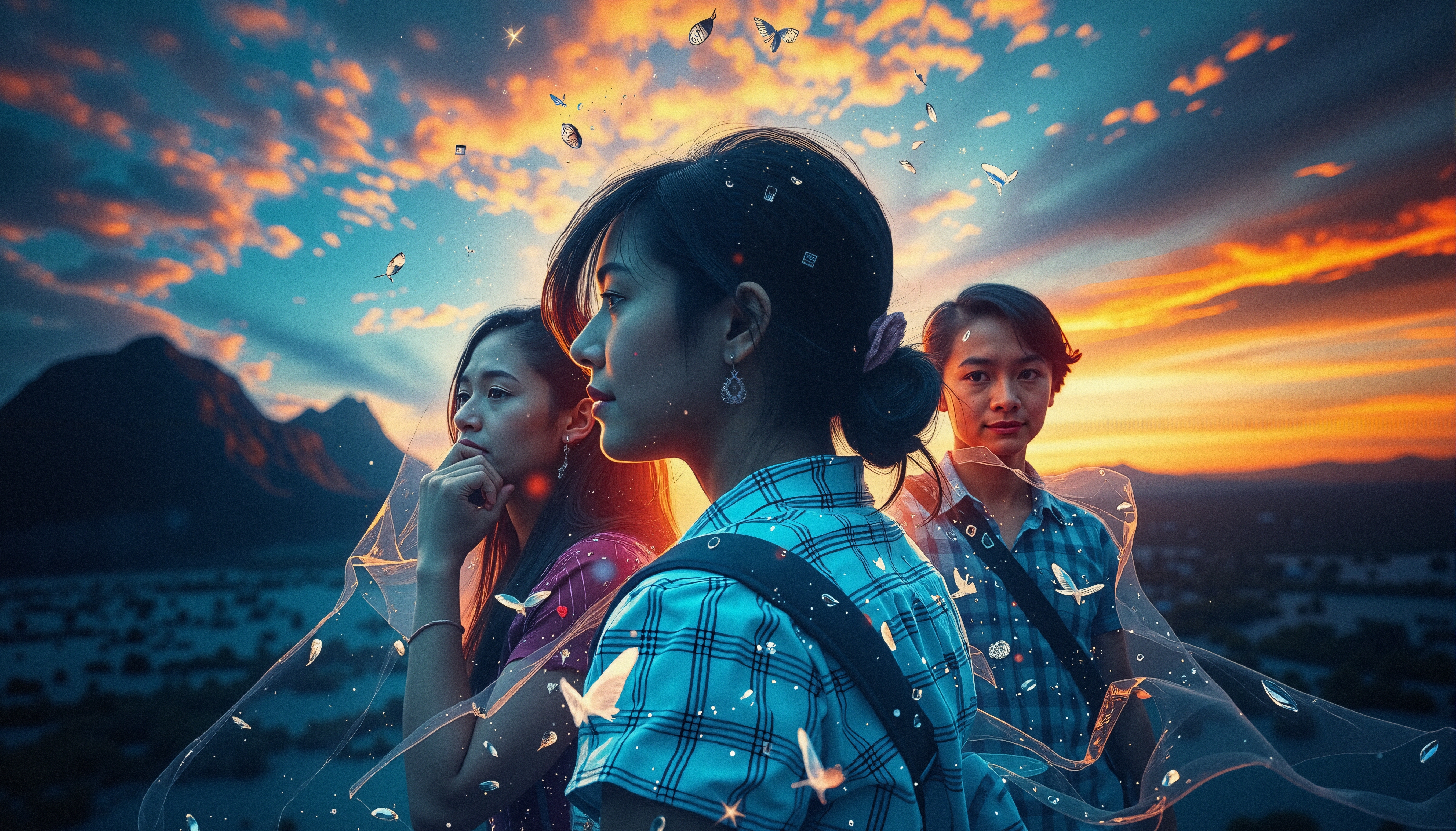 Three Women at Sunset with Ethereal Elements and Mountain Landscape