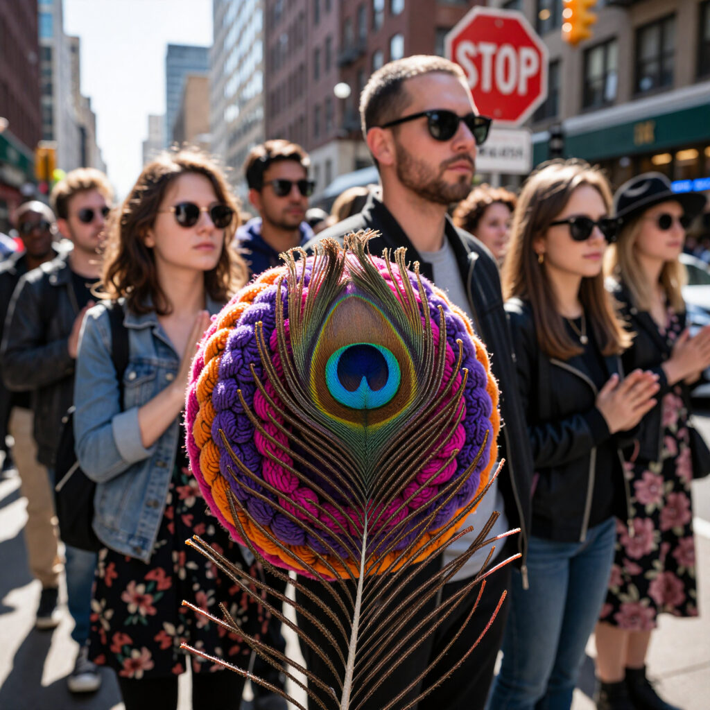 Colorful Knitted Peacock Feather in Urban Street Scene