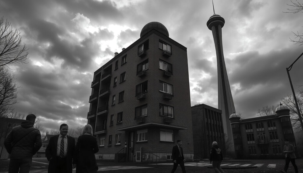 Monochrome Urban Scene with CN Tower and City Street in Toronto