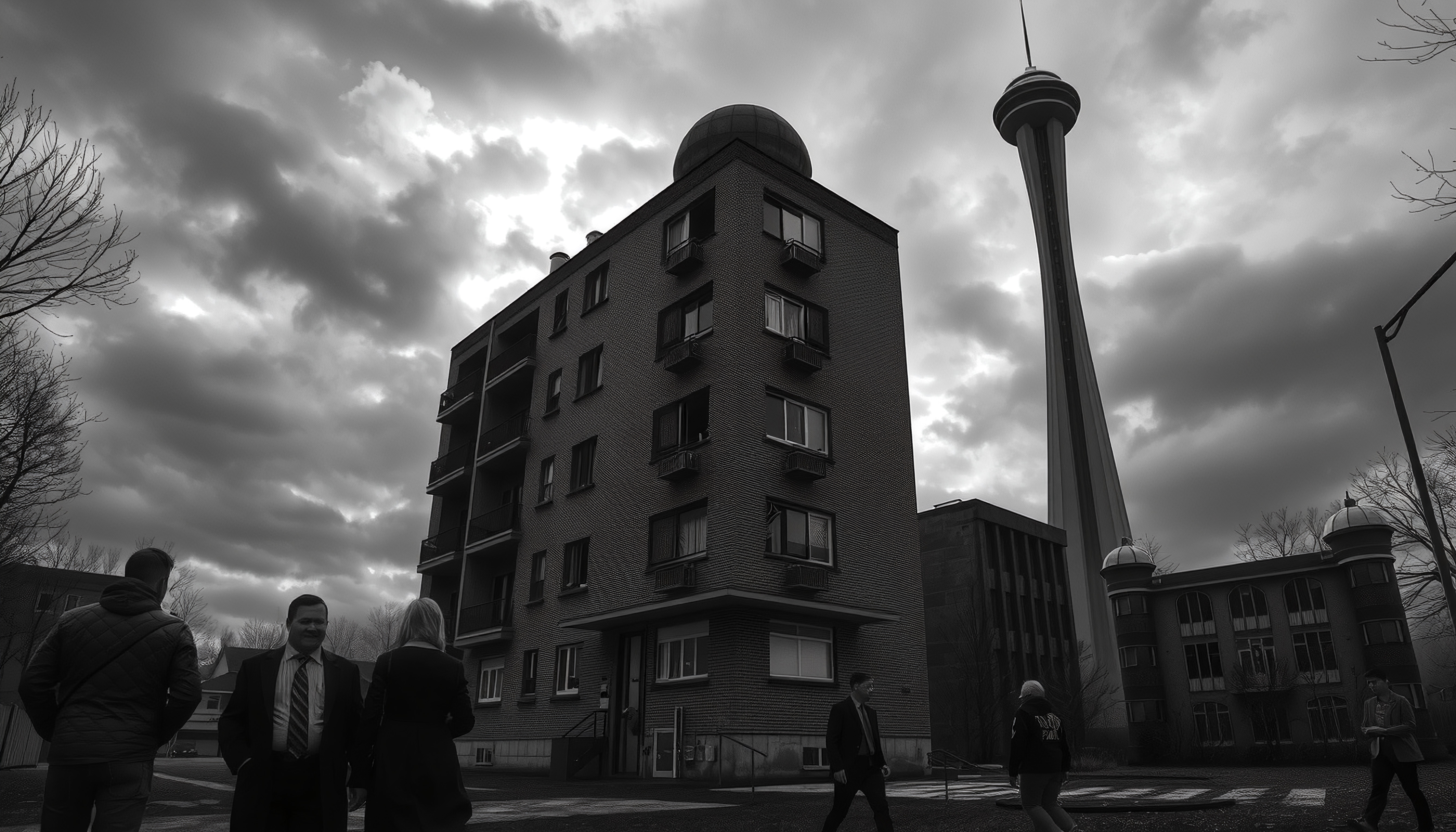 Monochrome Urban Scene with CN Tower and City Street in Toronto