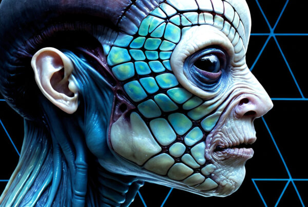 Alien Cybernetic Portrait with Blue Geometric Grid Background