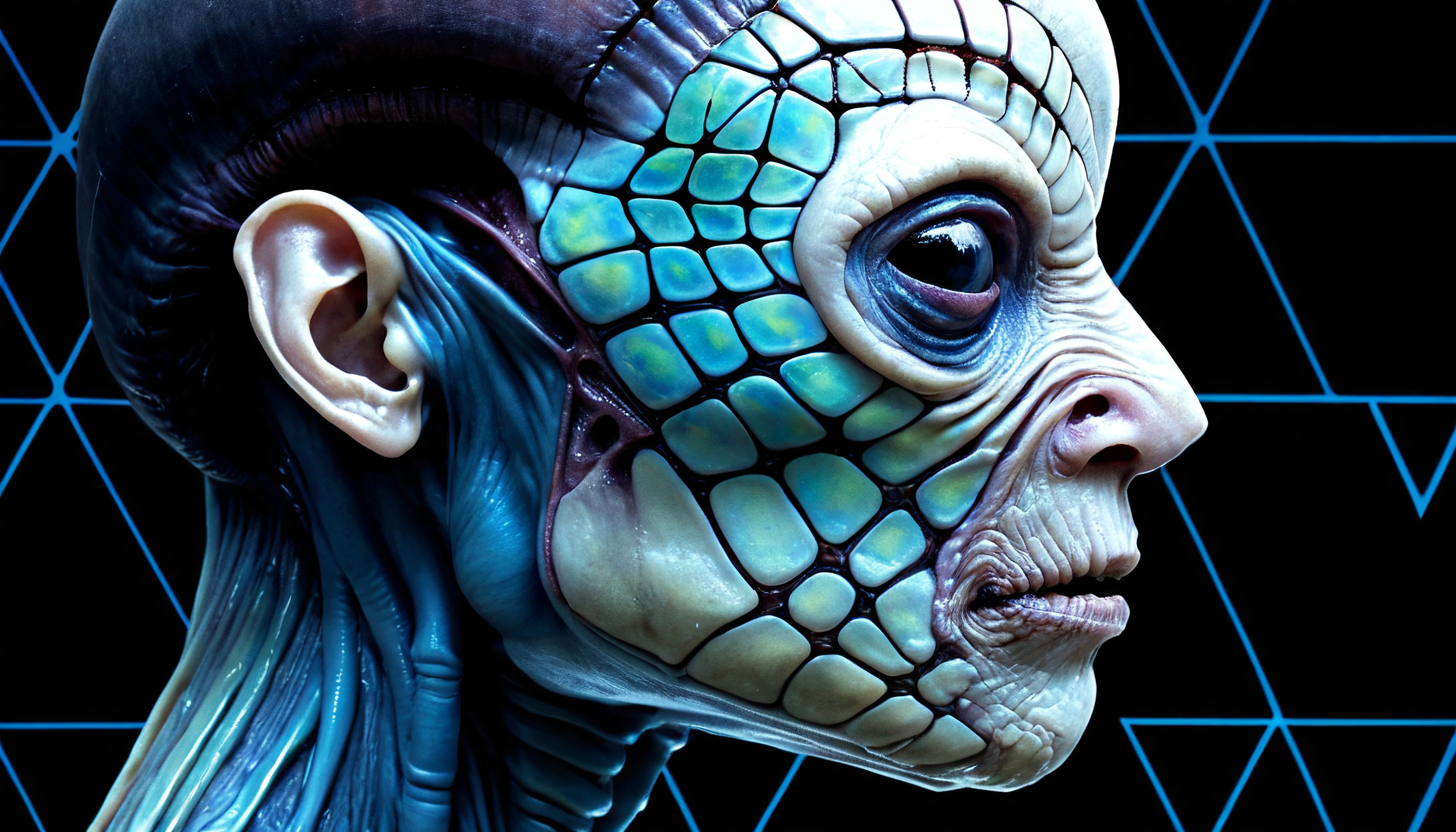 Alien Cybernetic Portrait with Blue Geometric Grid Background