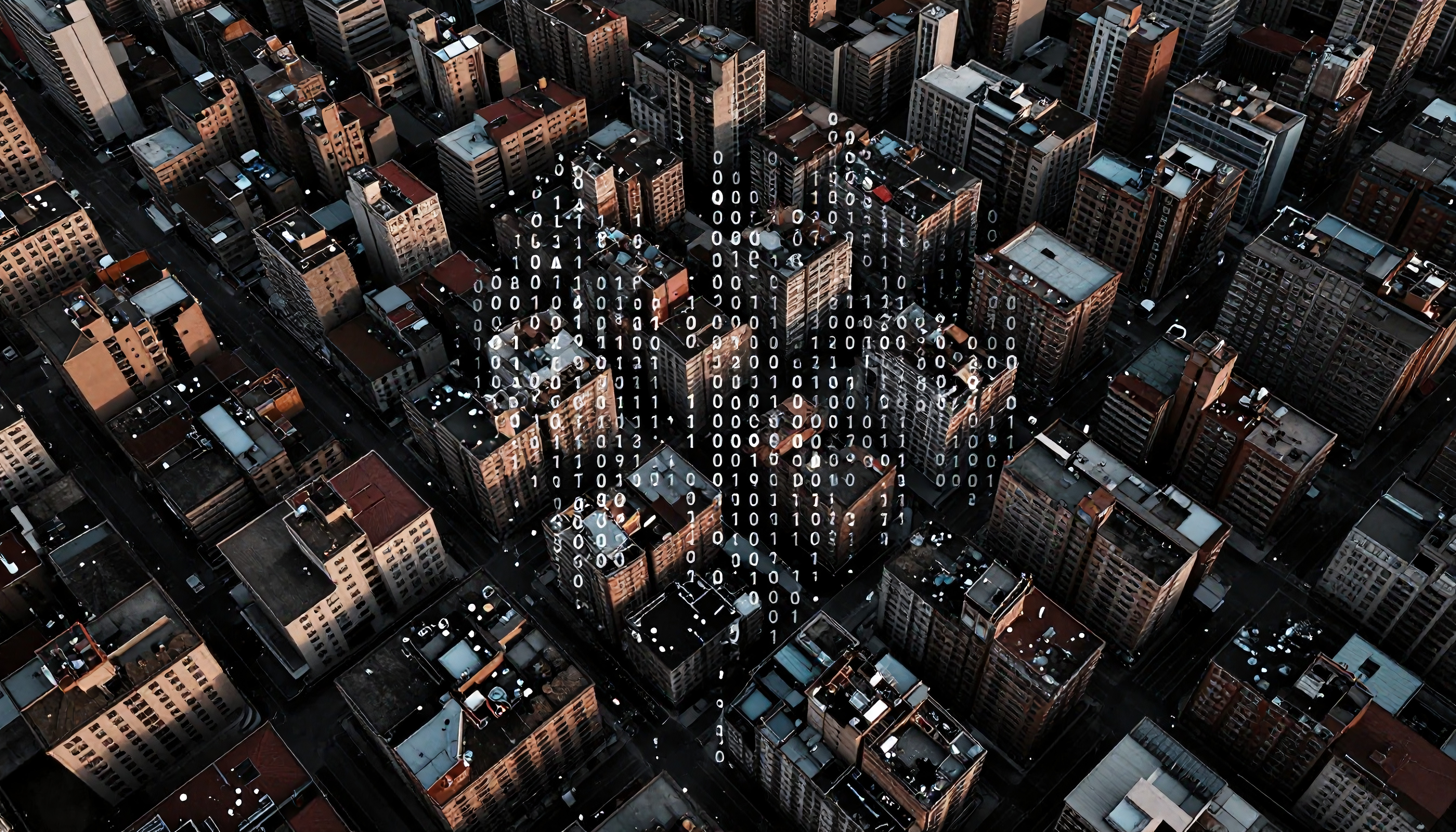 Urban Cityscape with Binary Code Overlay