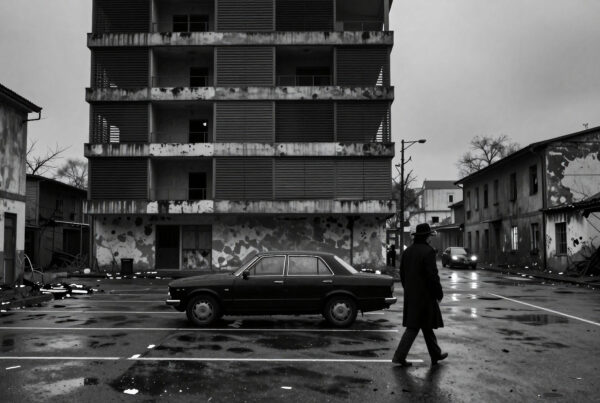 Decline and Abandonment: A lone figure walks past derelict buildings and a vintage car on a wet city street.