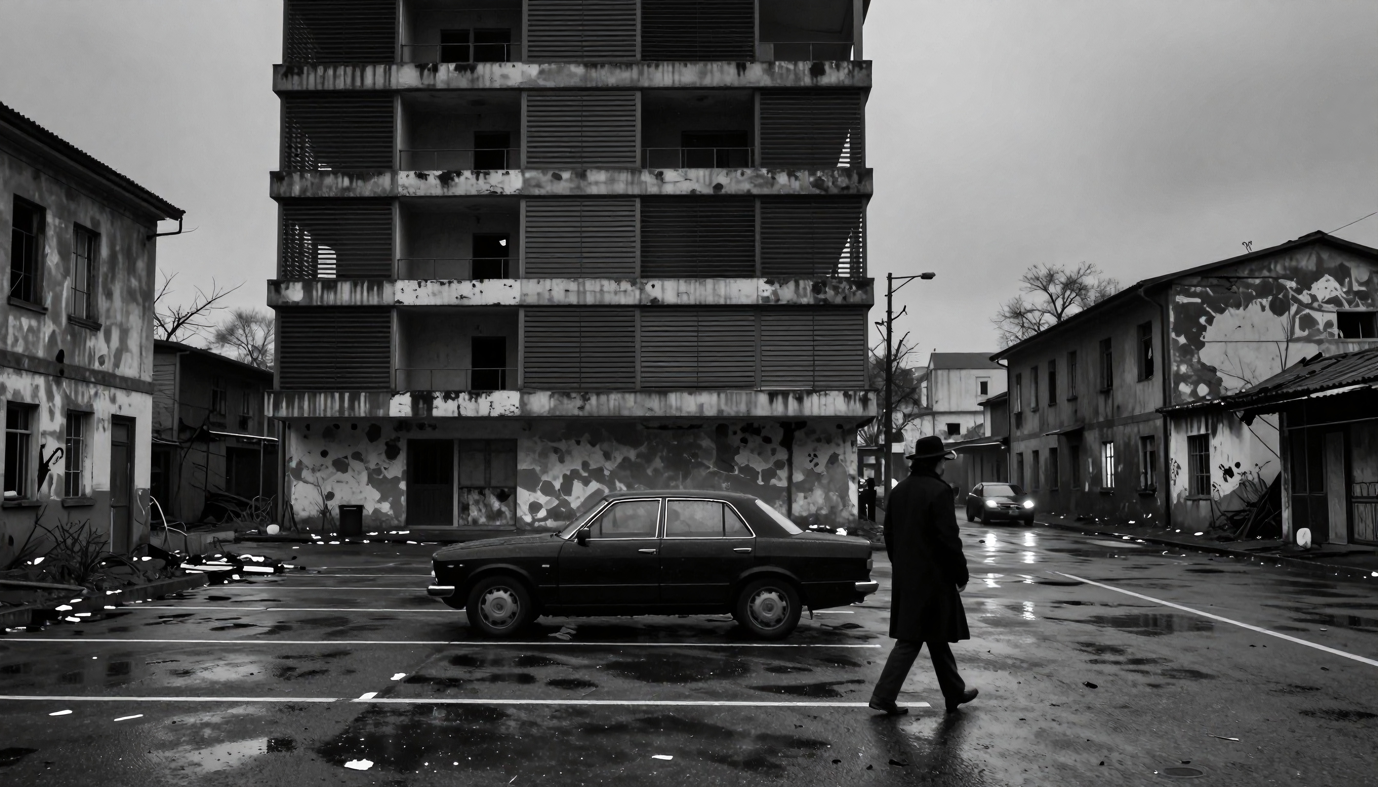 Decline and Abandonment: A lone figure walks past derelict buildings and a vintage car on a wet city street.