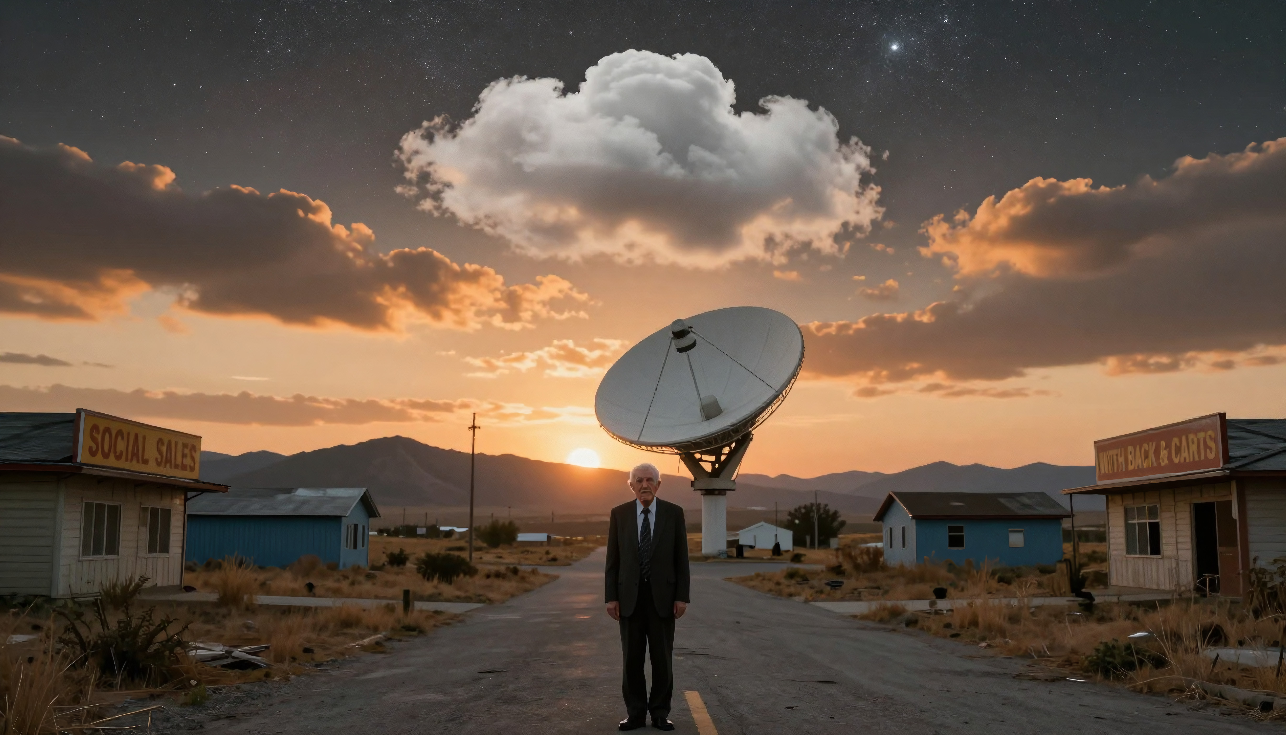 Man in Suit Standing in Small Desert Town at Sunset with Satellite Dish