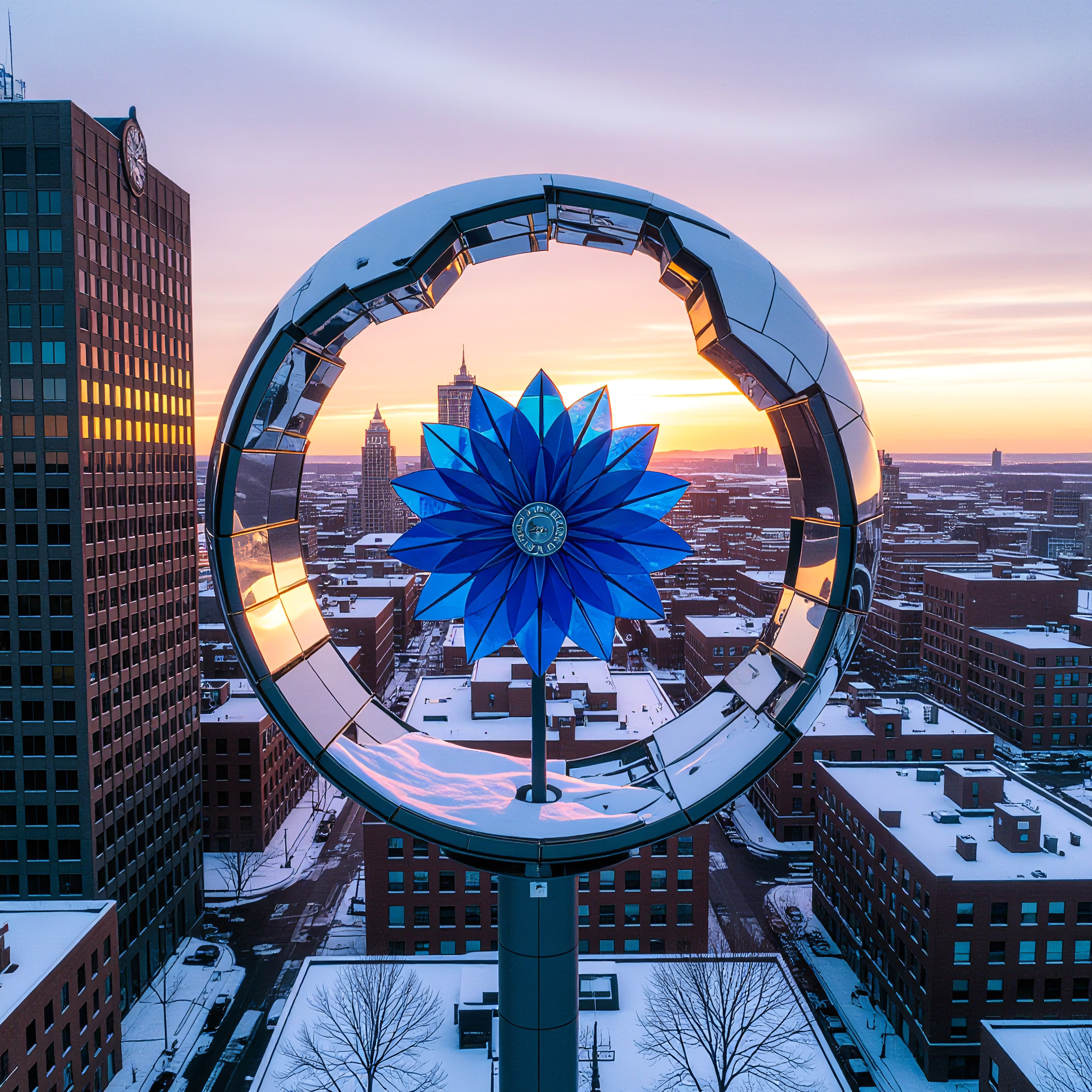 A striking cityscape featuring a reflective circular sculpture with a blue flower at sunset, snow-covered buildings, and urba