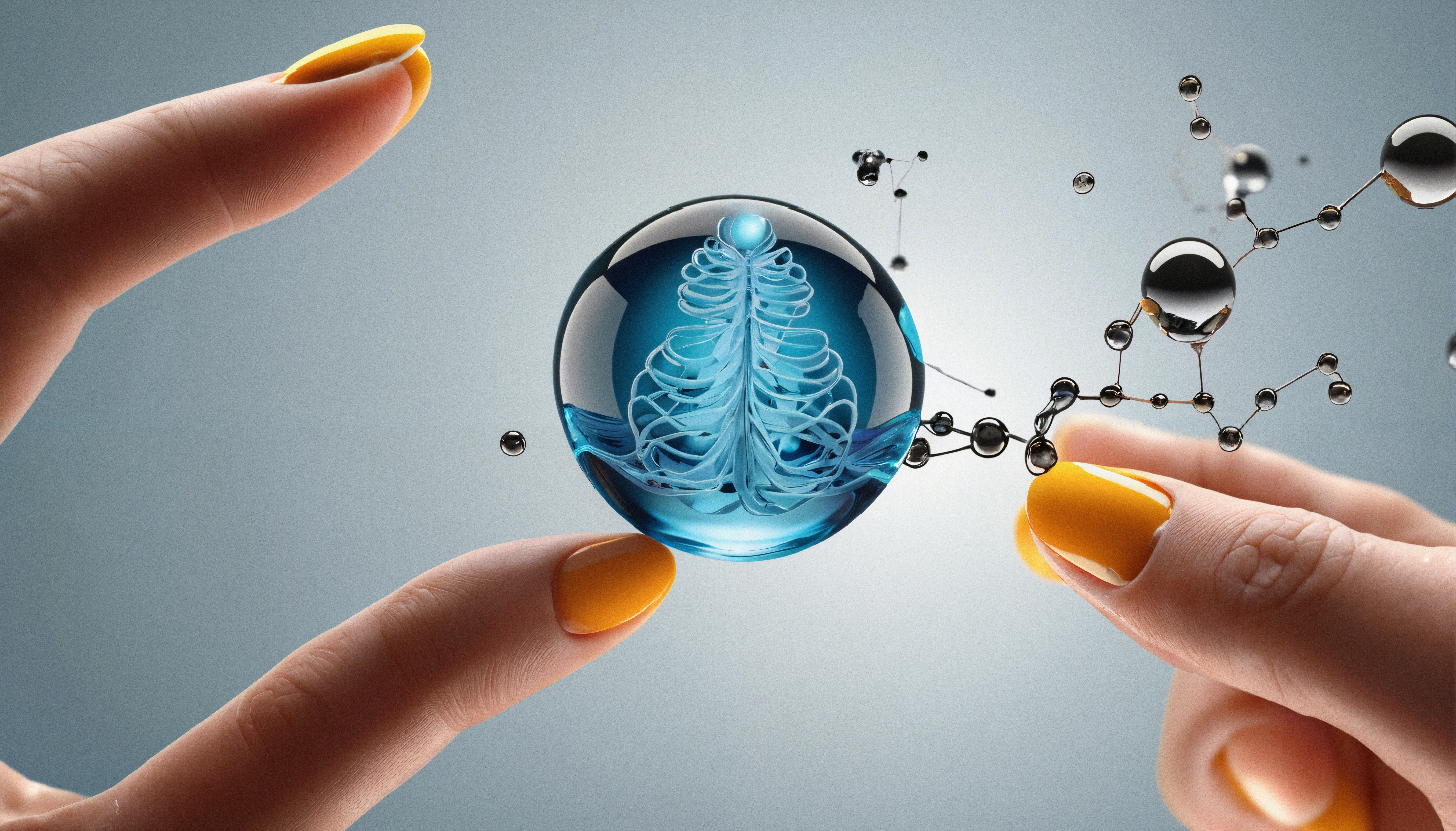 Hands Interacting with Molecular Structure in Glass Sphere