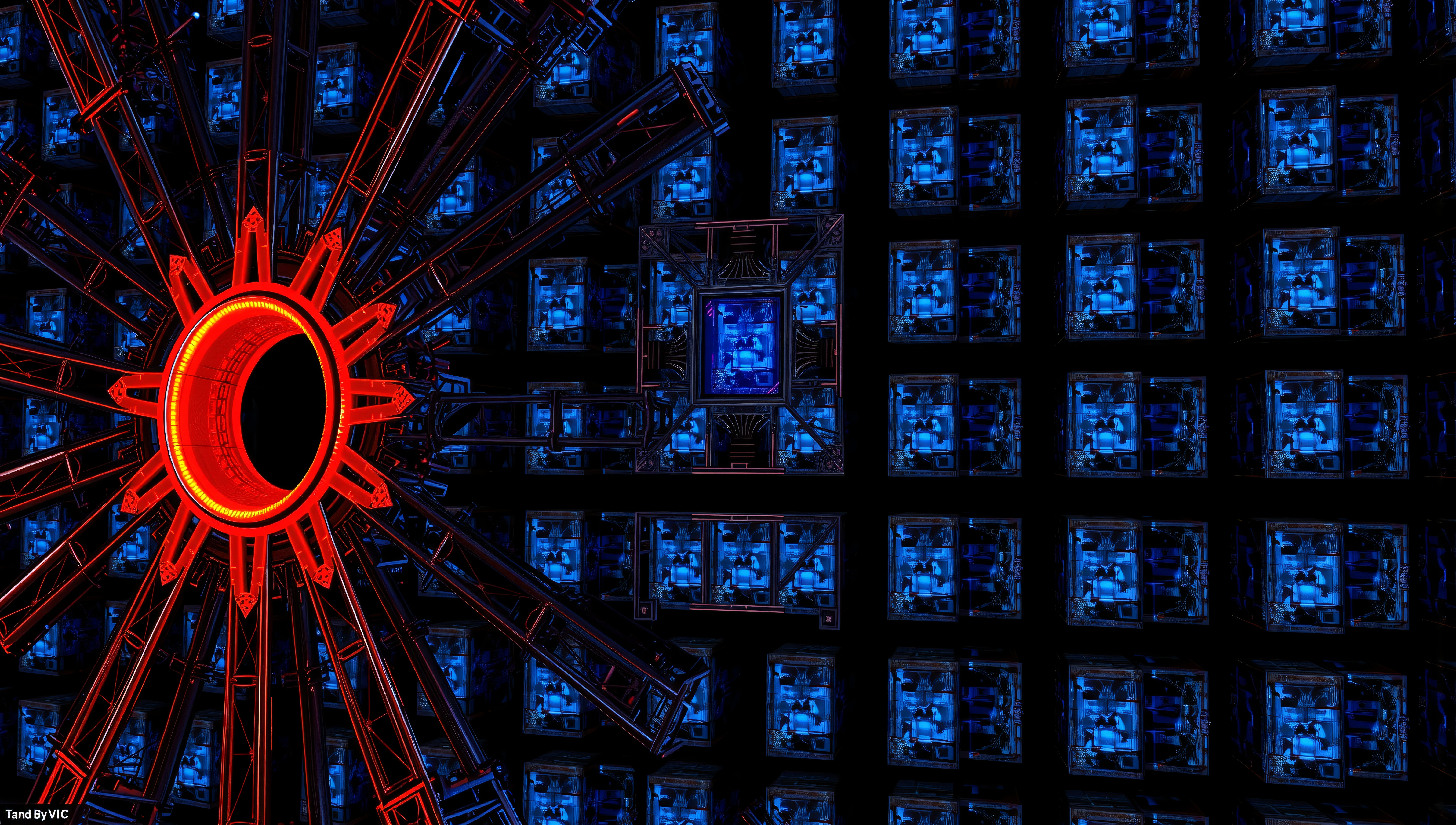 Futuristic Tech Interior with Red Sunburst and Blue Screen Grid