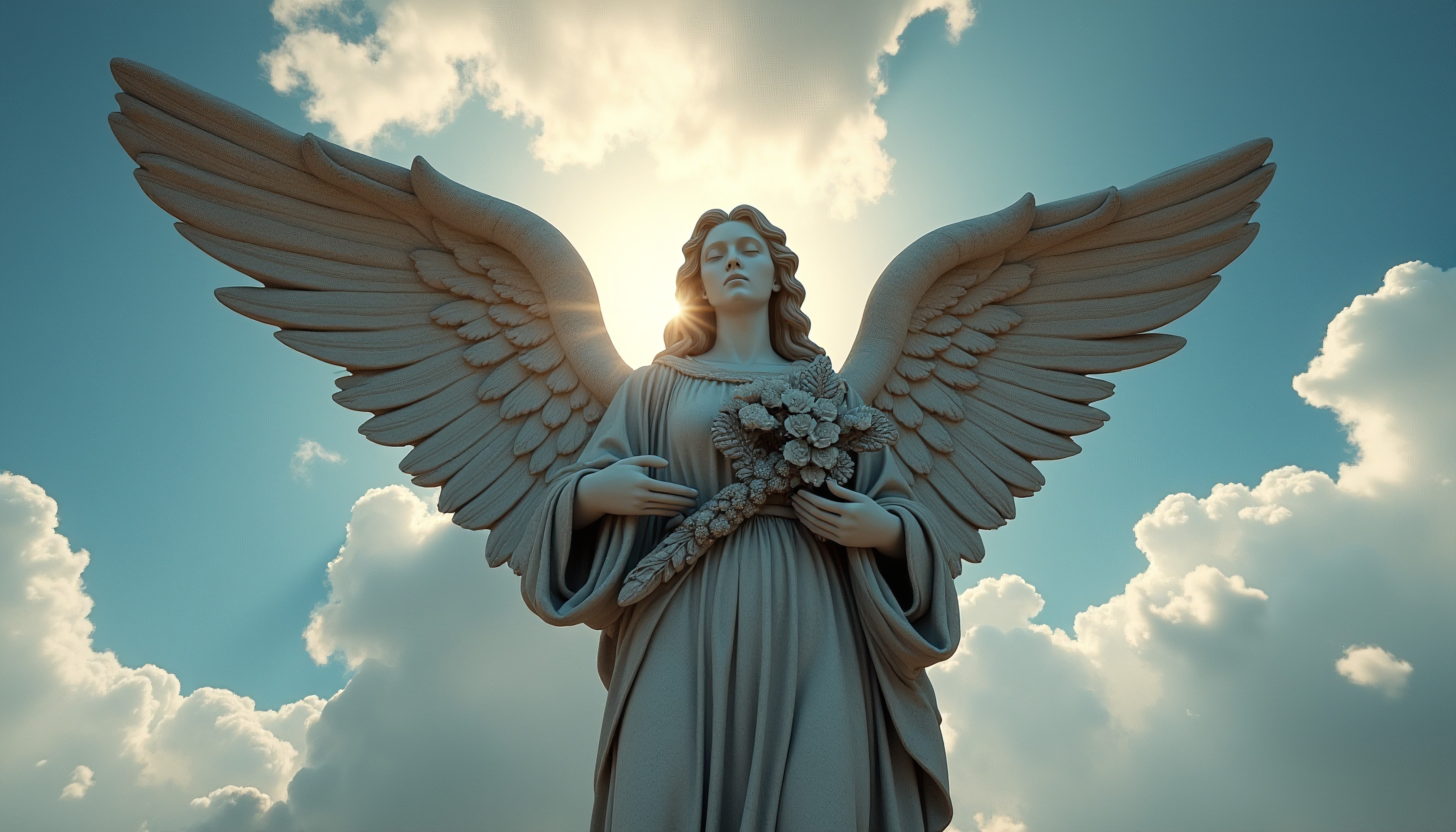 Majestic Angel Statue with Spread Wings and Floral Bouquet Against Sunny Sky