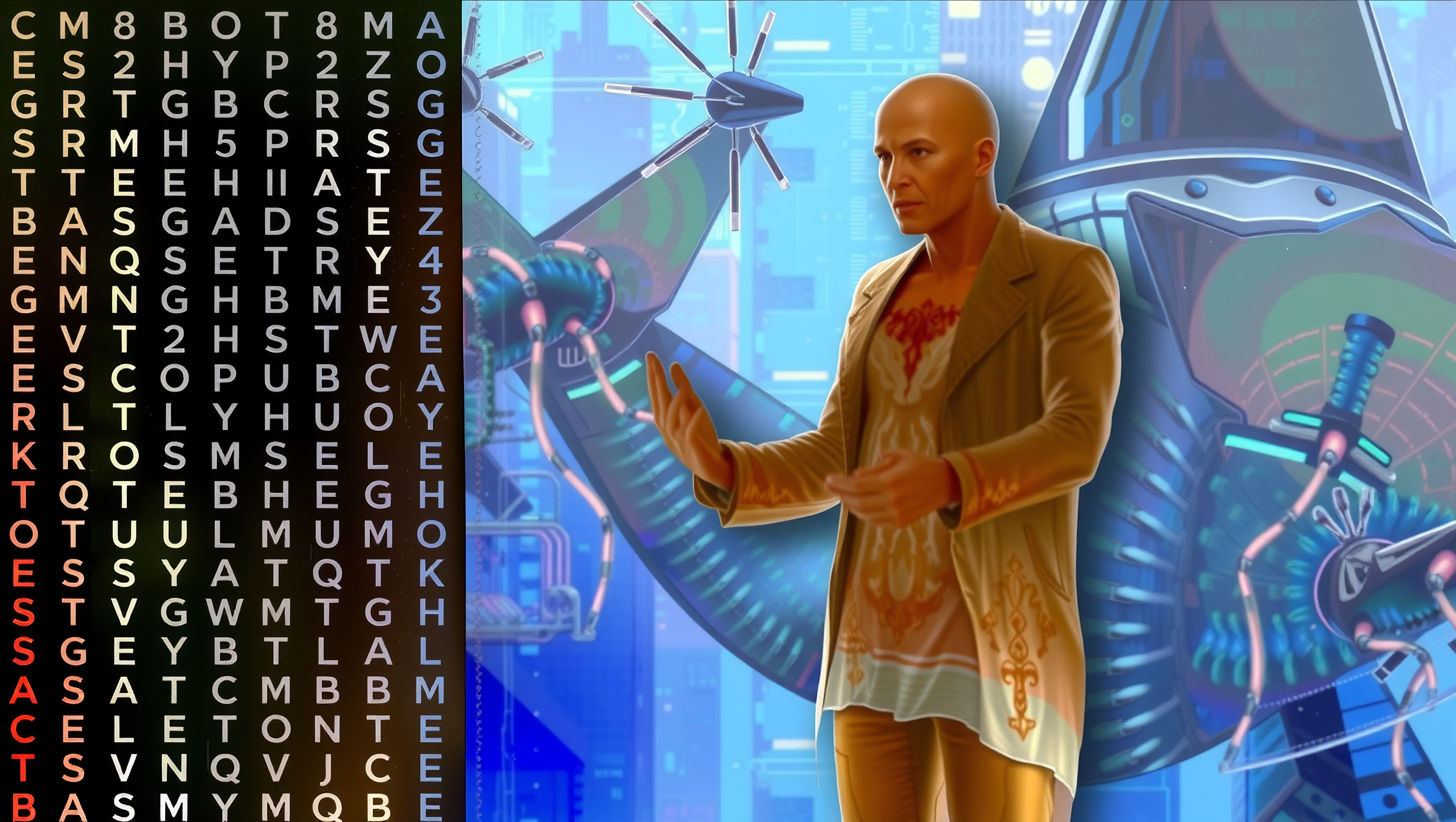 Futuristic Tech Concept with Holographic Elements and Binary Code