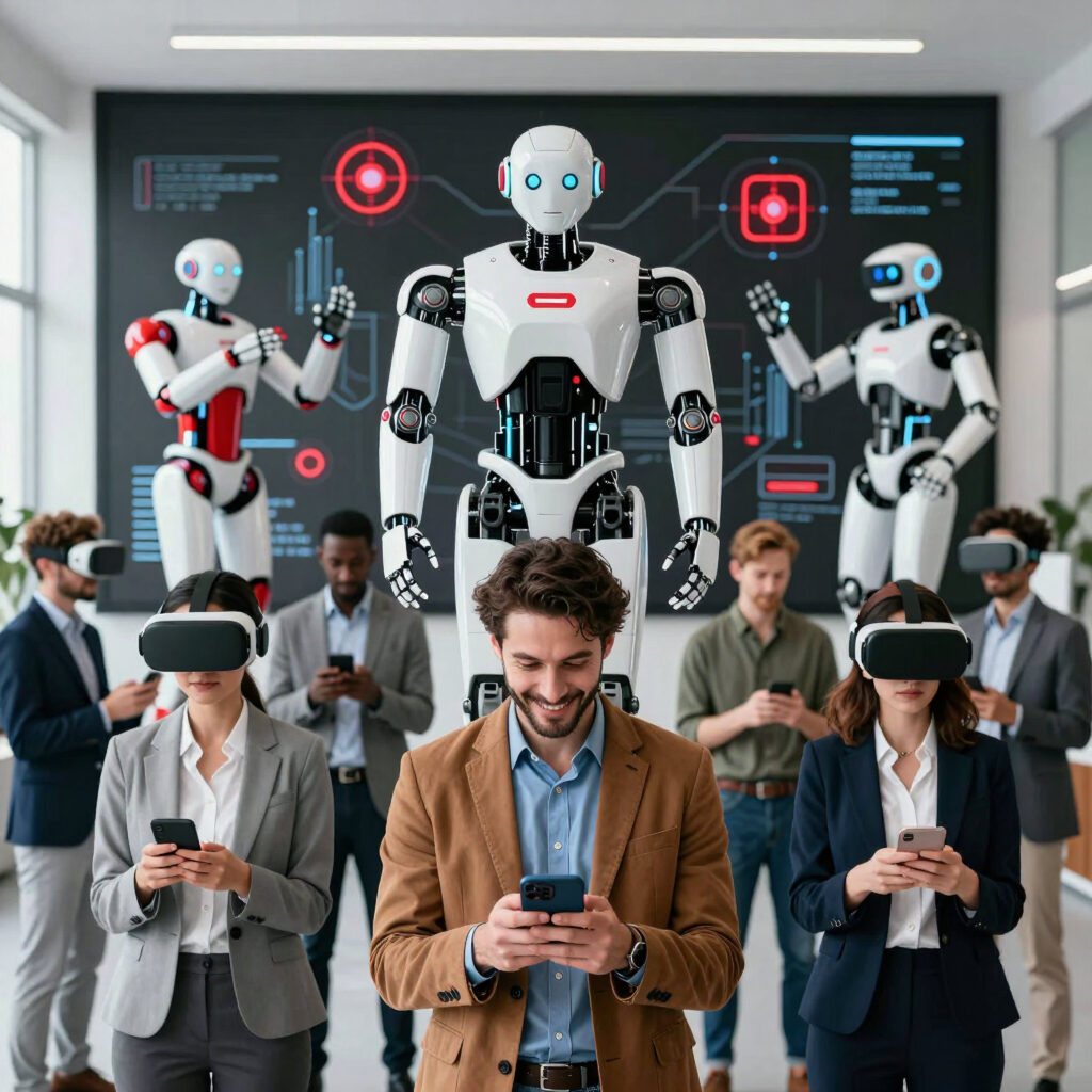 Futuristic Tech Office with Business Professionals and Humanoid Robots