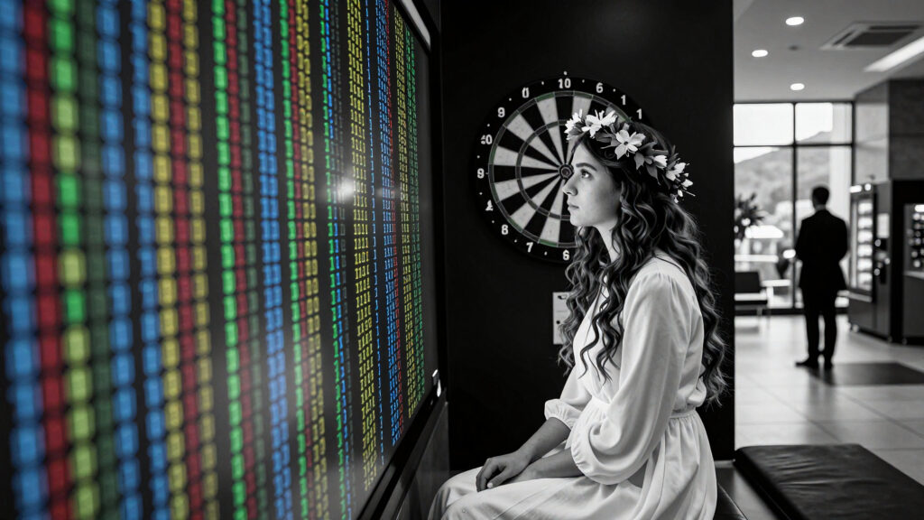 A woman with flower crown observing digital display and dartboard in modern office lobby