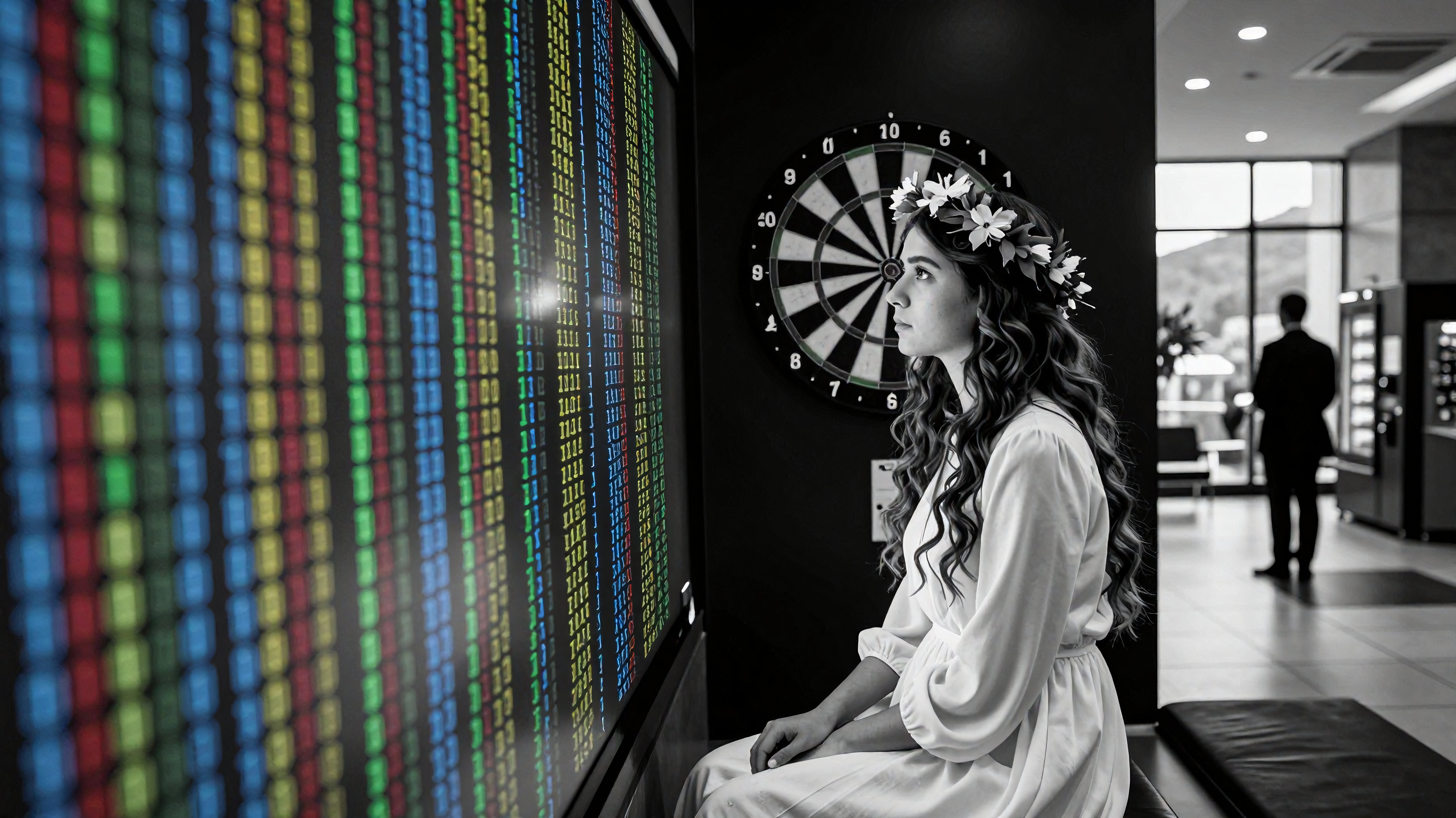 A woman with flower crown observing digital display and dartboard in modern office lobby