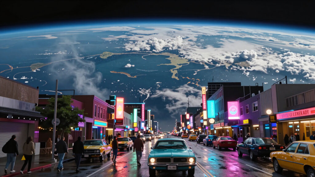 Neon City Street with Earthscape Night View