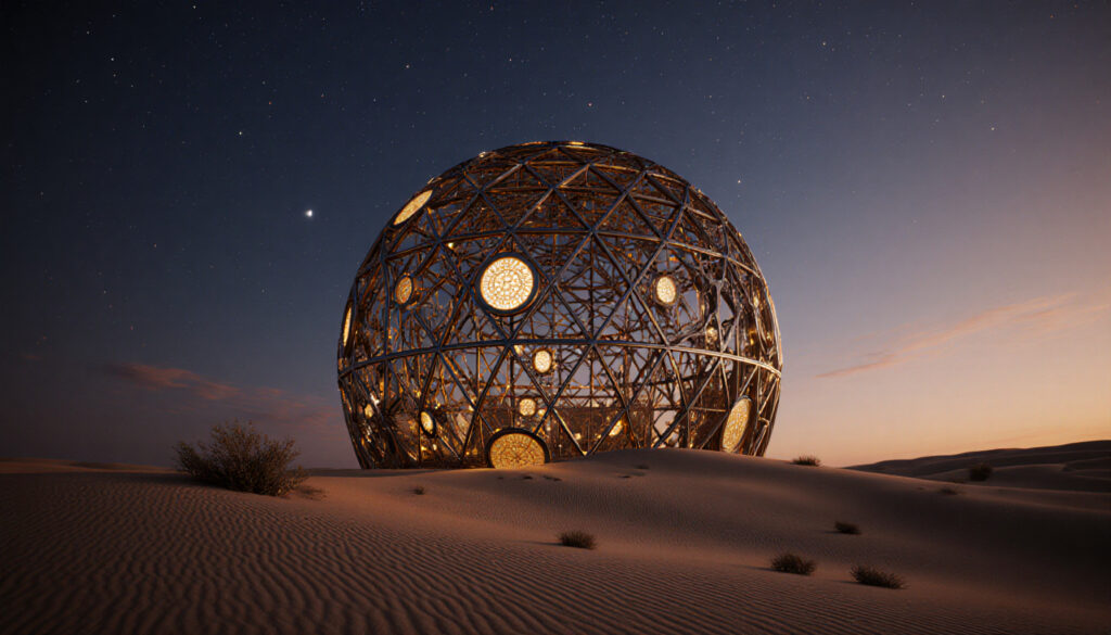 Geodesic Metal Sphere Structure in Desert at Twilight with Starry Sky