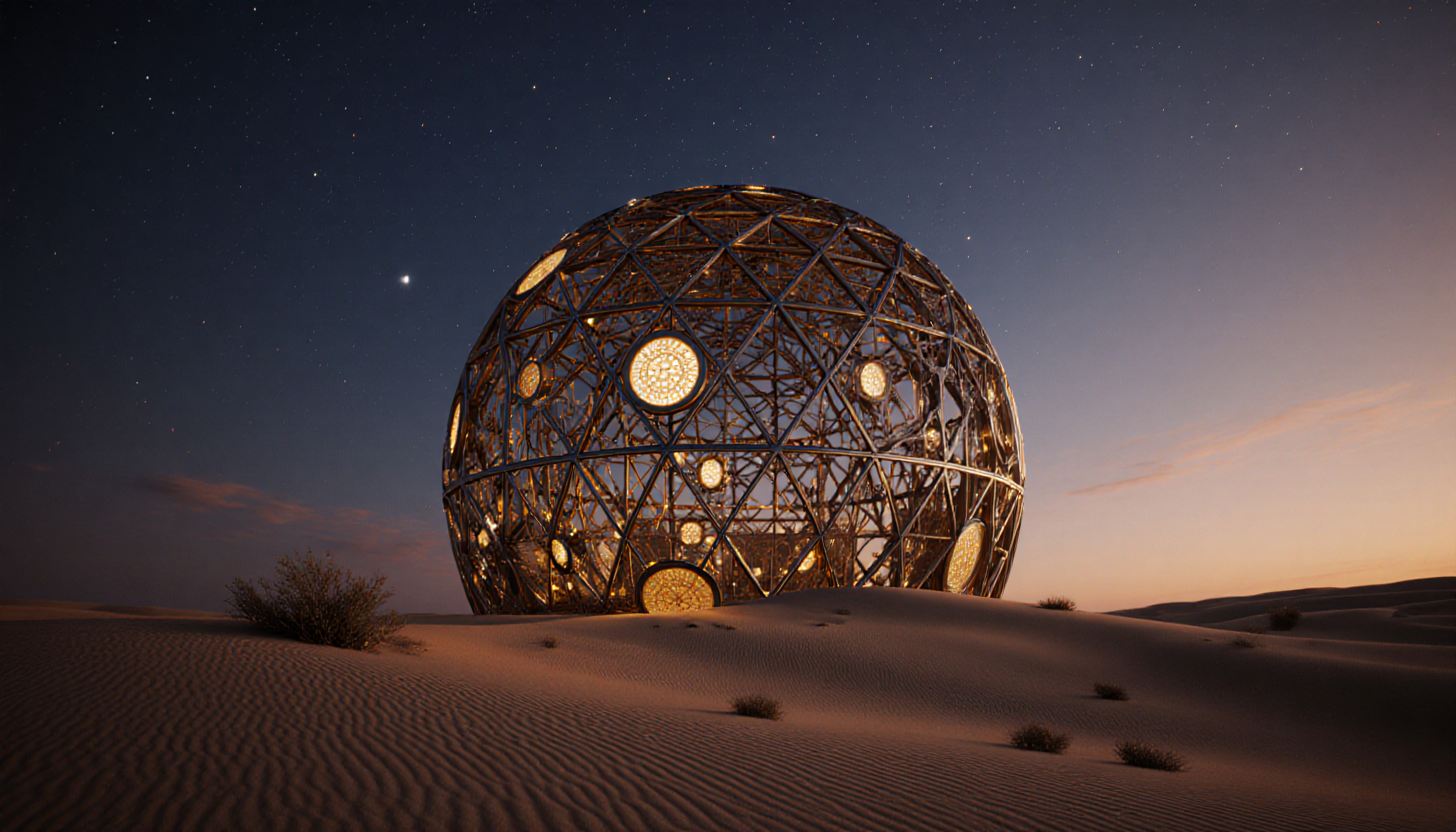 Geodesic Metal Sphere Structure in Desert at Twilight with Starry Sky