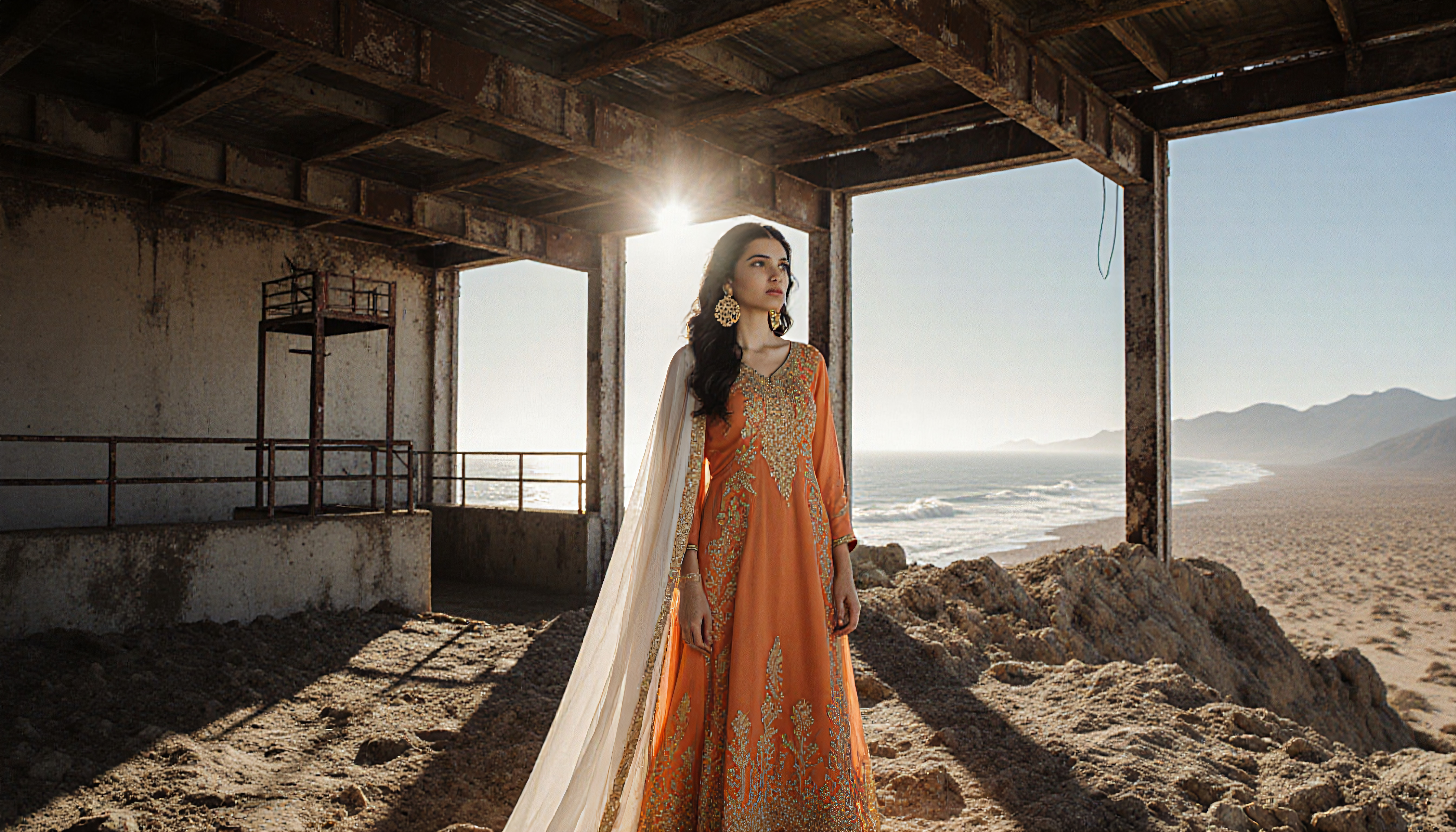 Elegant Woman in Traditional Orange Attire at Coastal Ruin Site
