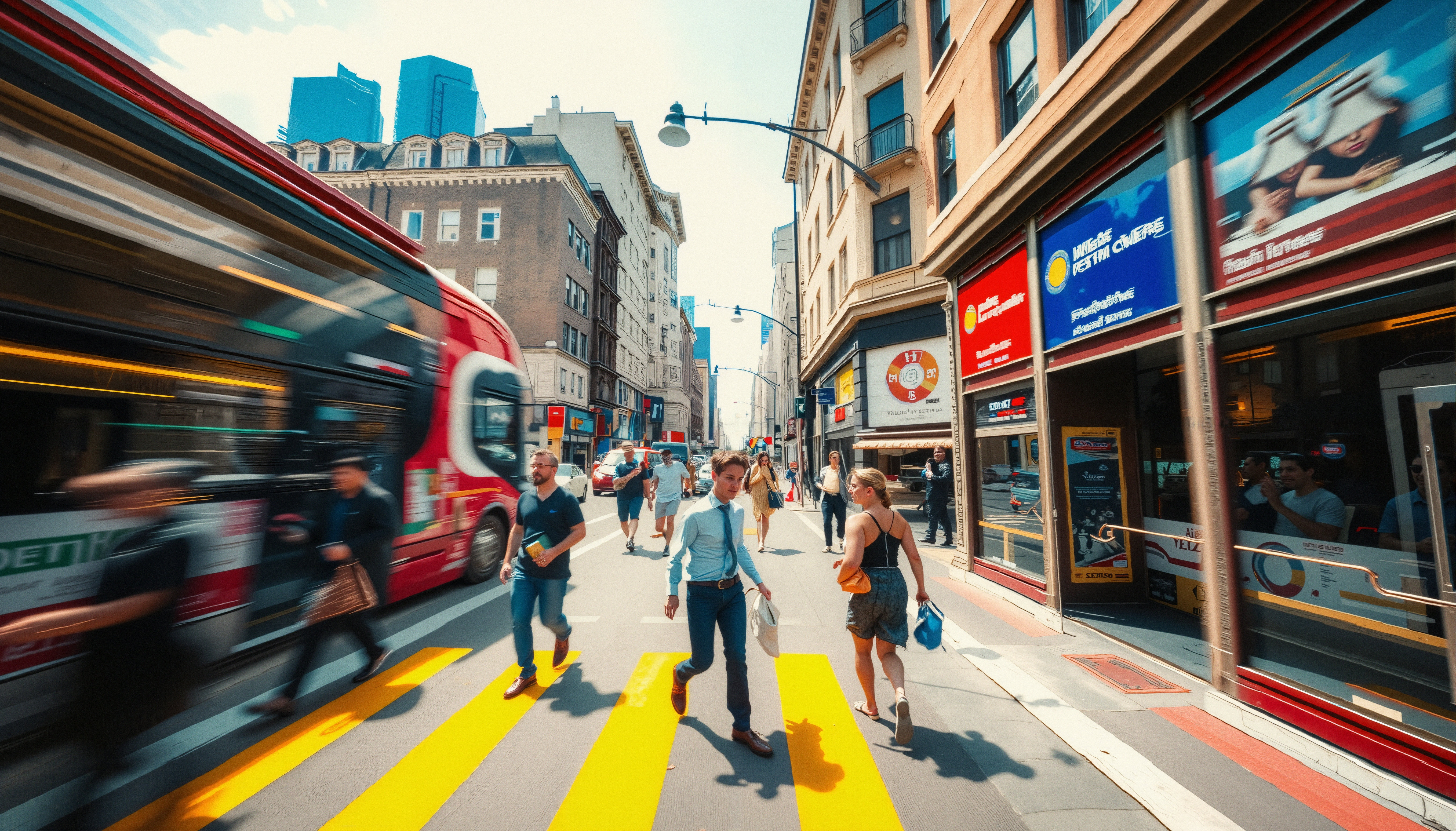 Urban Street Scene with Pedestrians Crossing Crosswalk