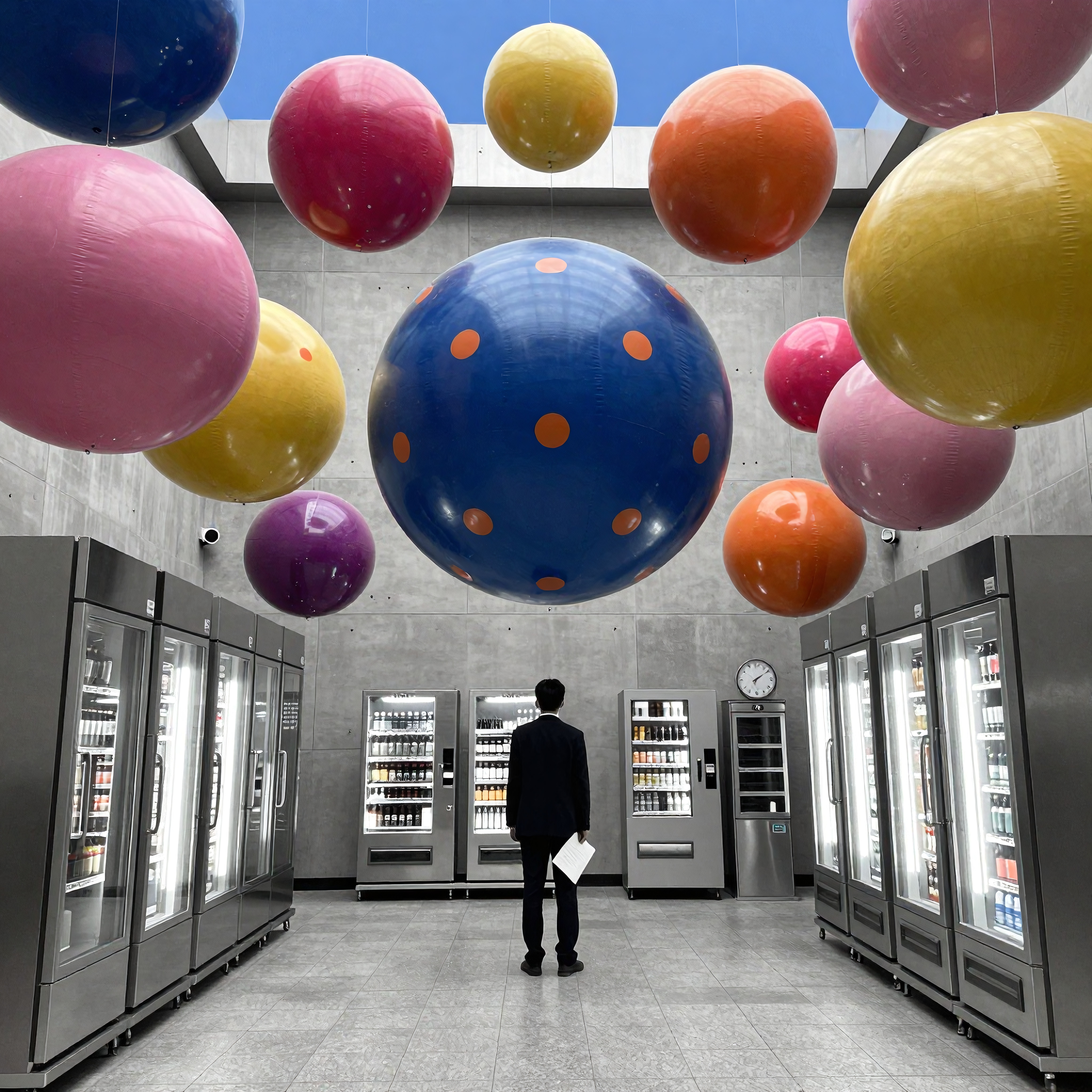Modern Refrigerated Storage with Colorful Inflatable Spheres