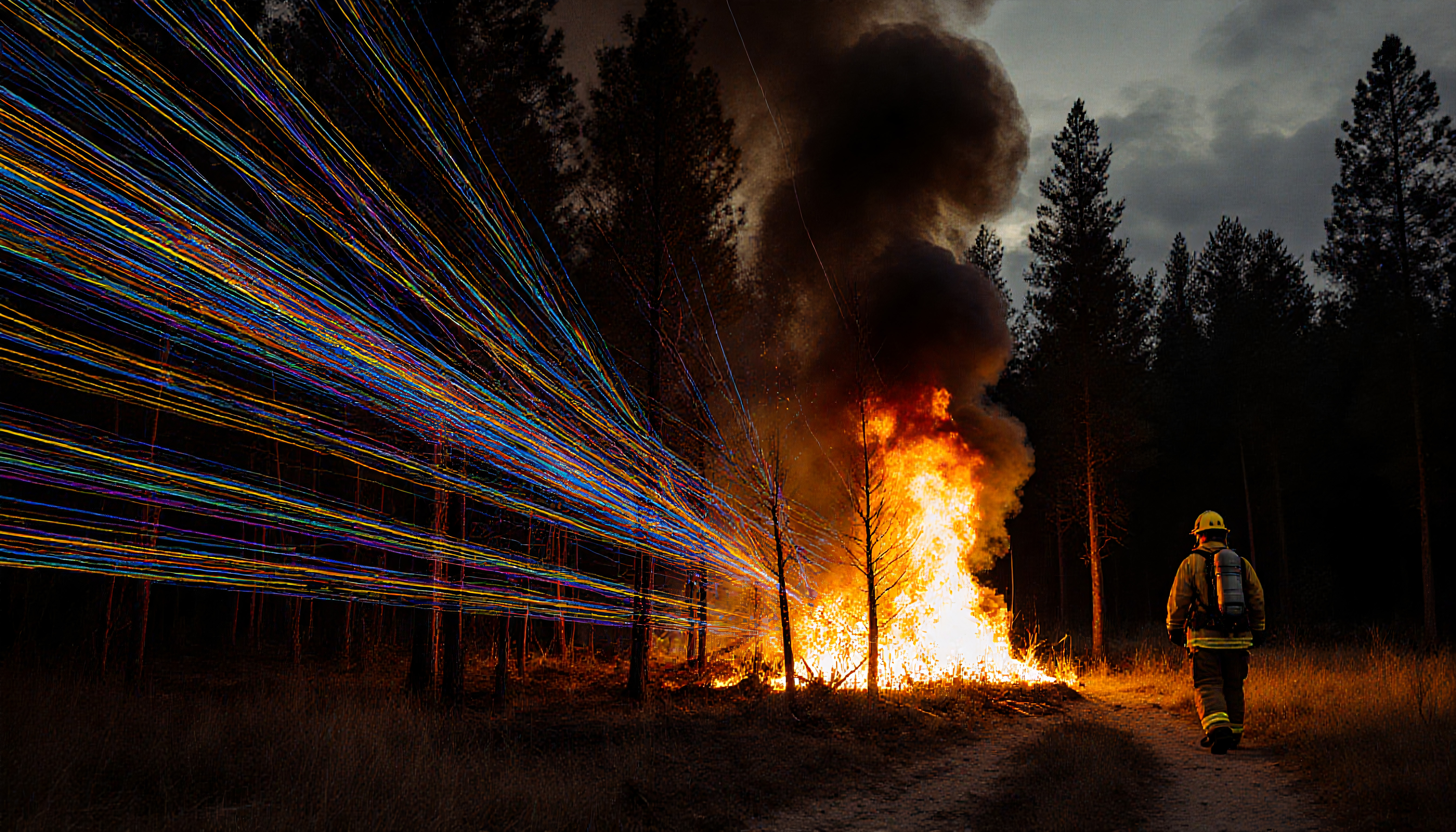 Firefighter facing wildfire with vibrant light trails in forest at dusk