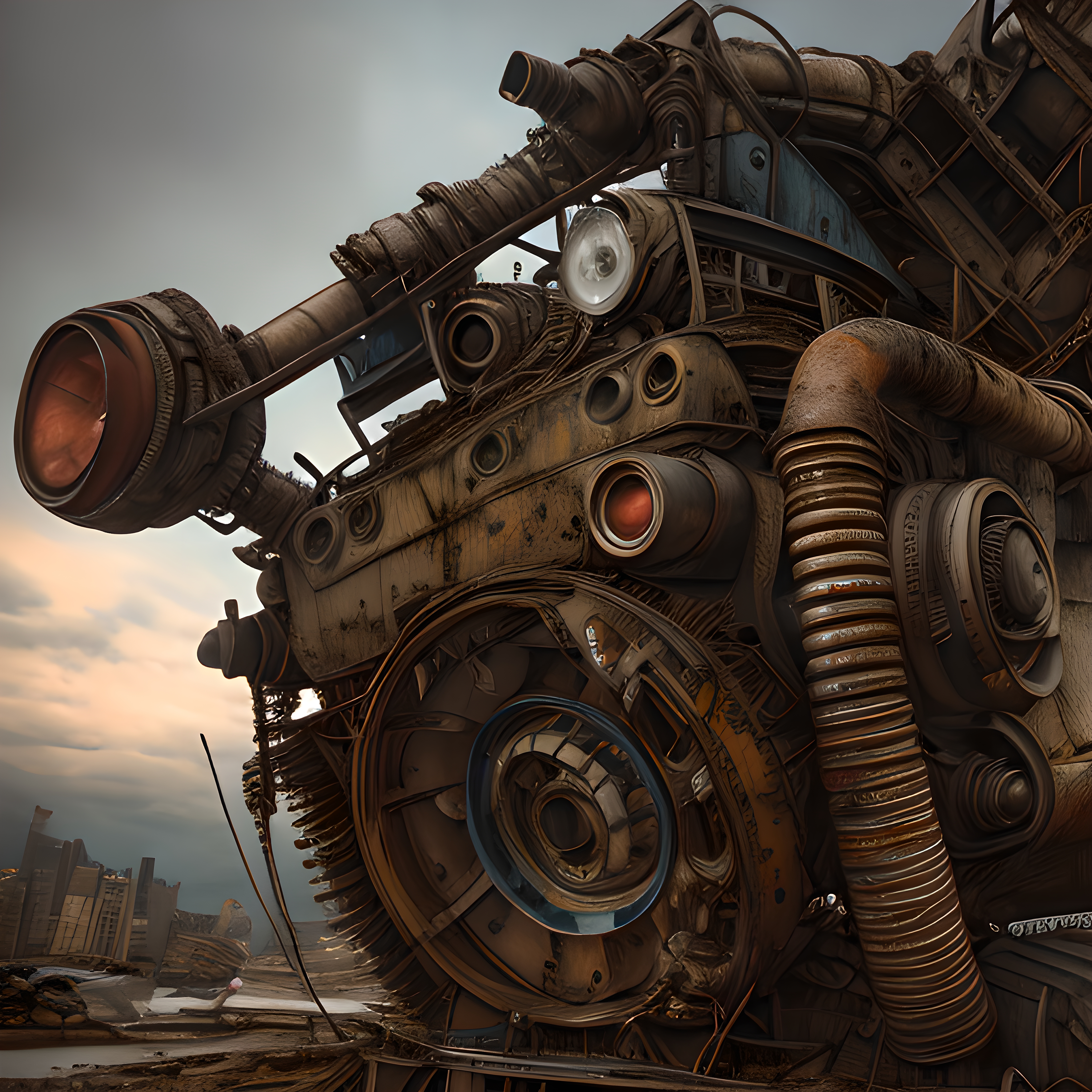 Steampunk Mechanical Vehicle in Post-Apocalyptic Wasteland