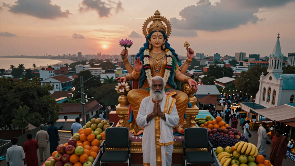 Hindu Goddess Statue with Devotee in City Market at Sunset