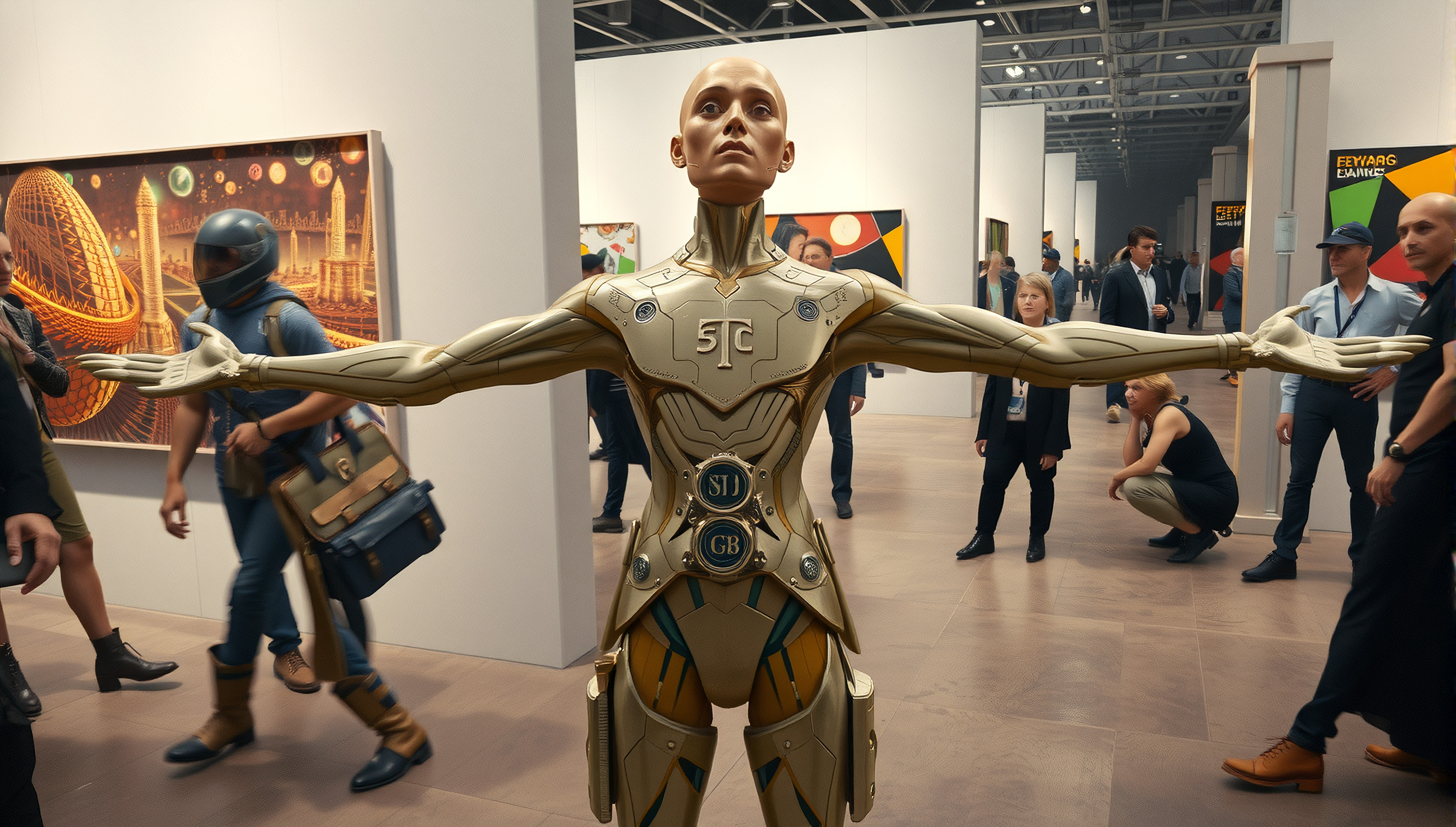 Life-sized retro-futuristic robot sculpture in a modern art gallery setting