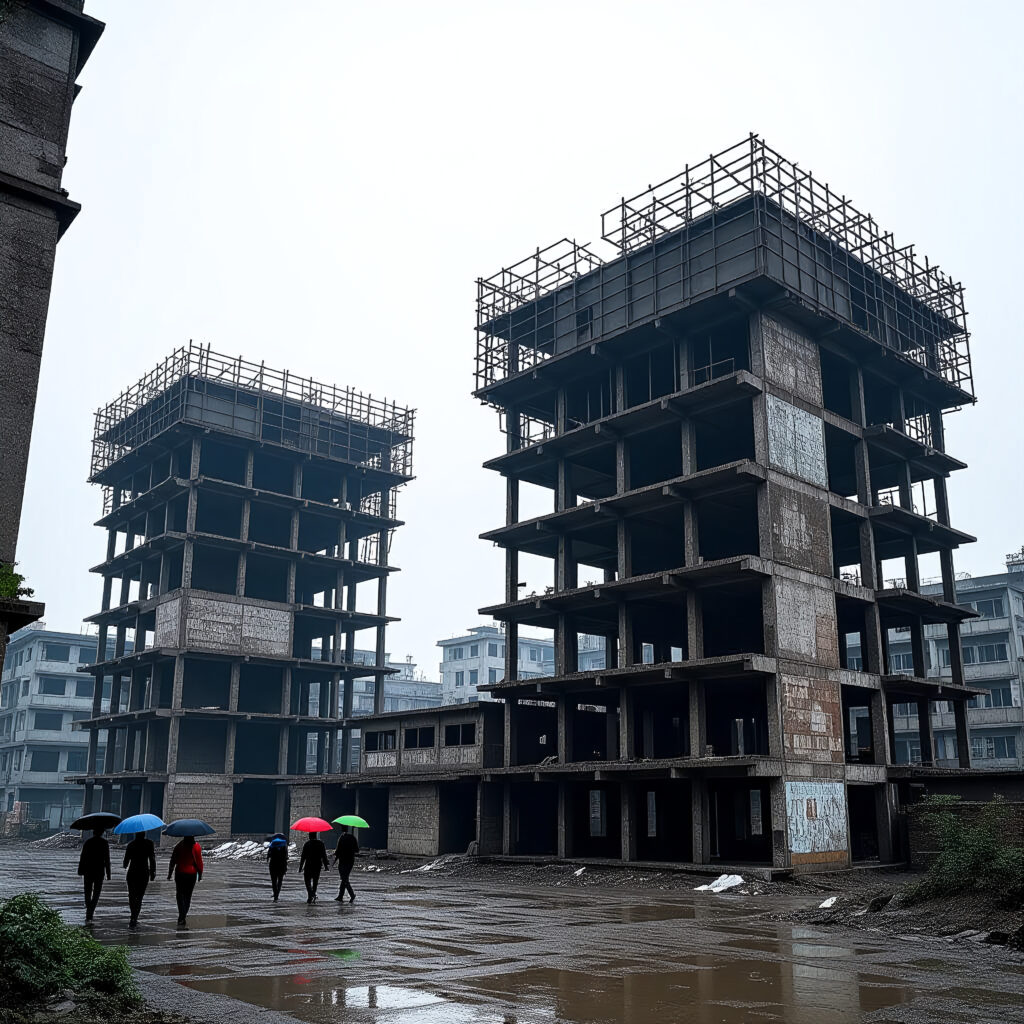 Urban Construction Site with Silhouetted Figures