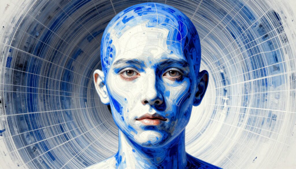 Futuristic Blue Digital Portrait with Technological Grid Background