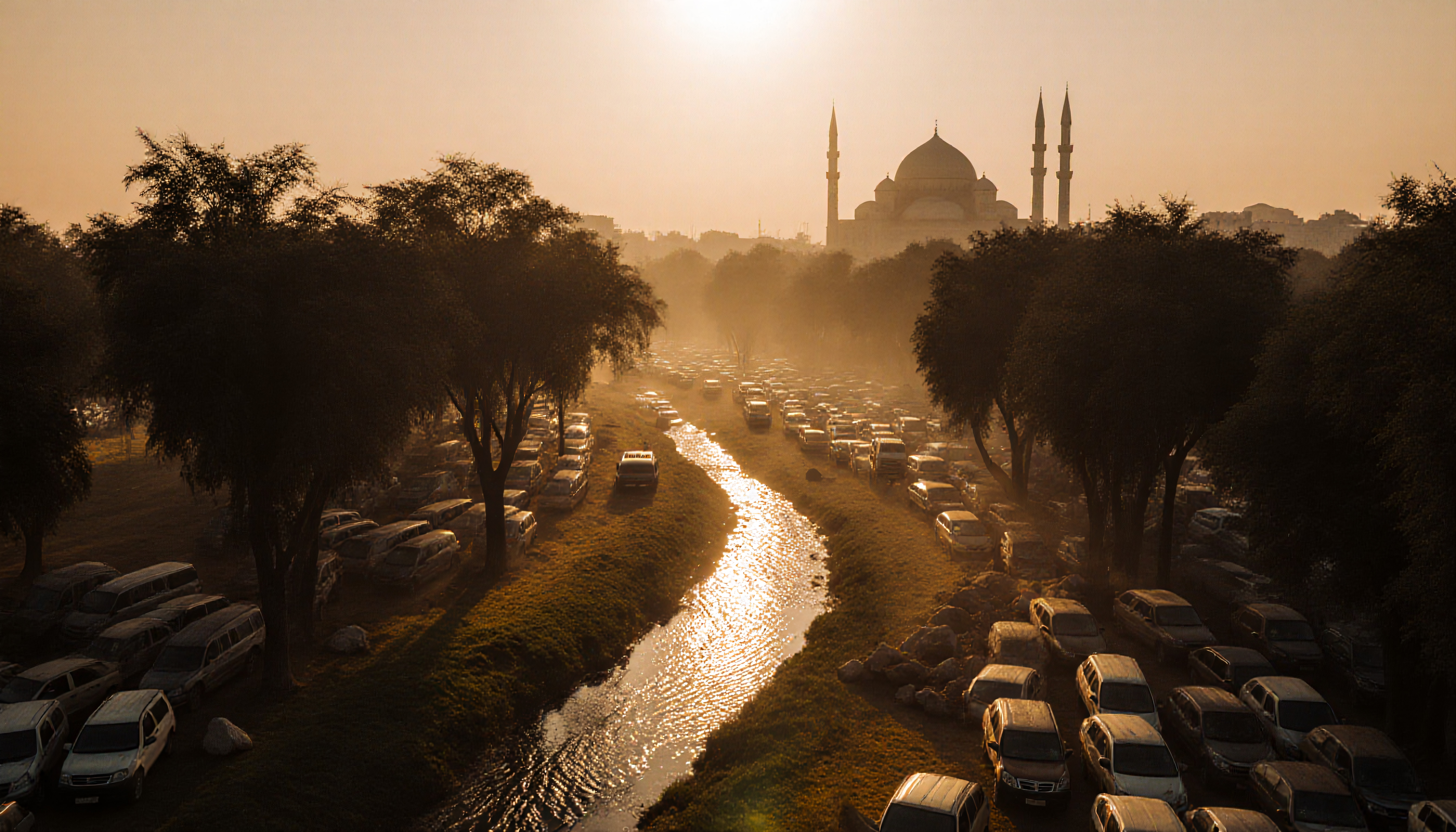 Sunset Cityscape with Grand Mosque, Traffic, and Waterway