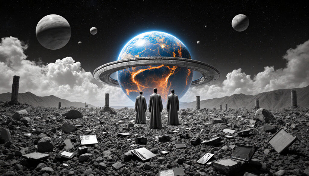 Three Figures Contemplating a Ringed Earth in a Desolate Tech Ruin Landscape