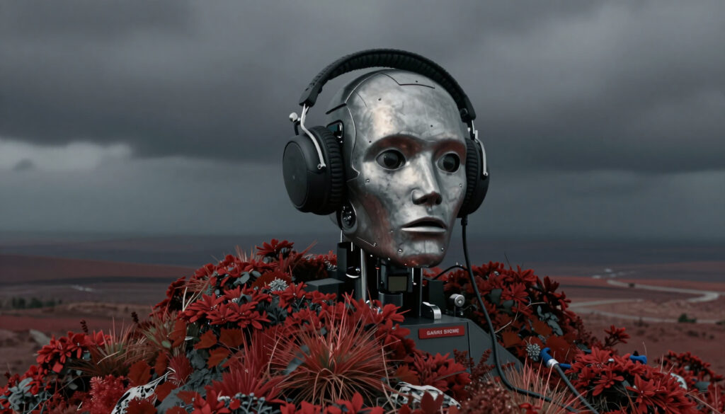Cybernetic Robot with Headphones Surrounded by Red Floral Landscape Under Stormy Skies