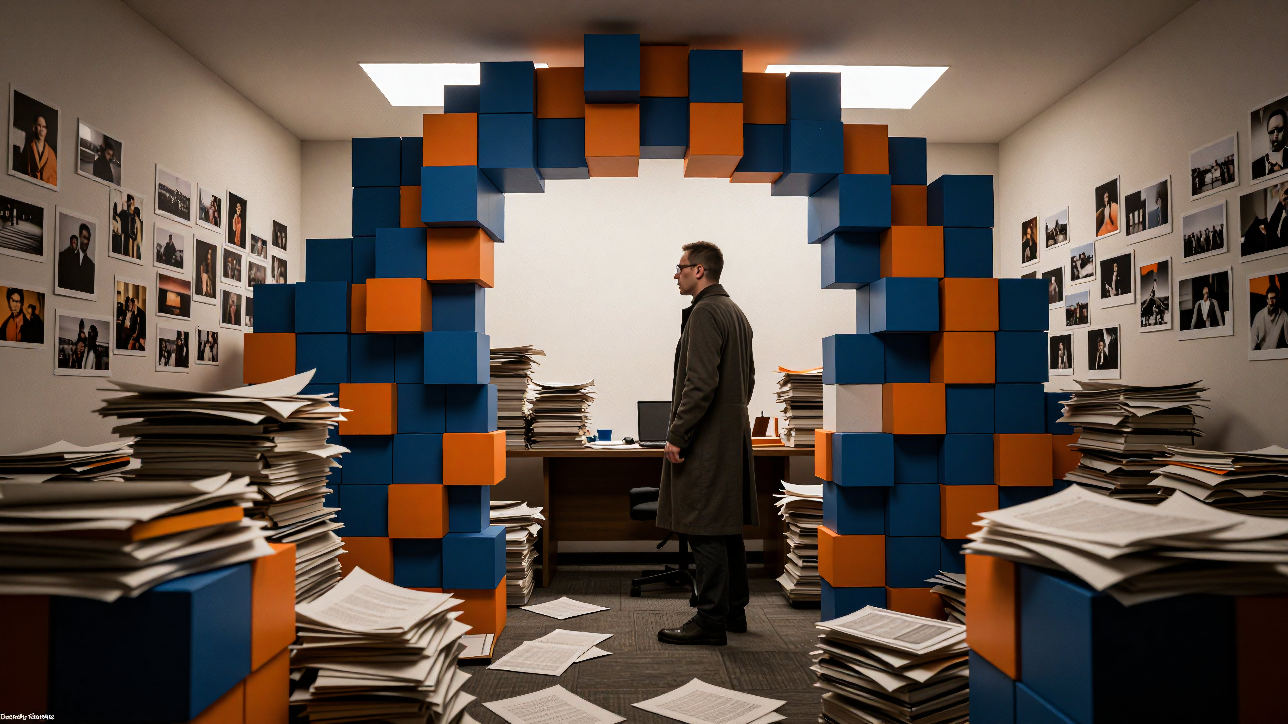 Modern Office Interior with Blue Orange Cube Partition and Document Stacks