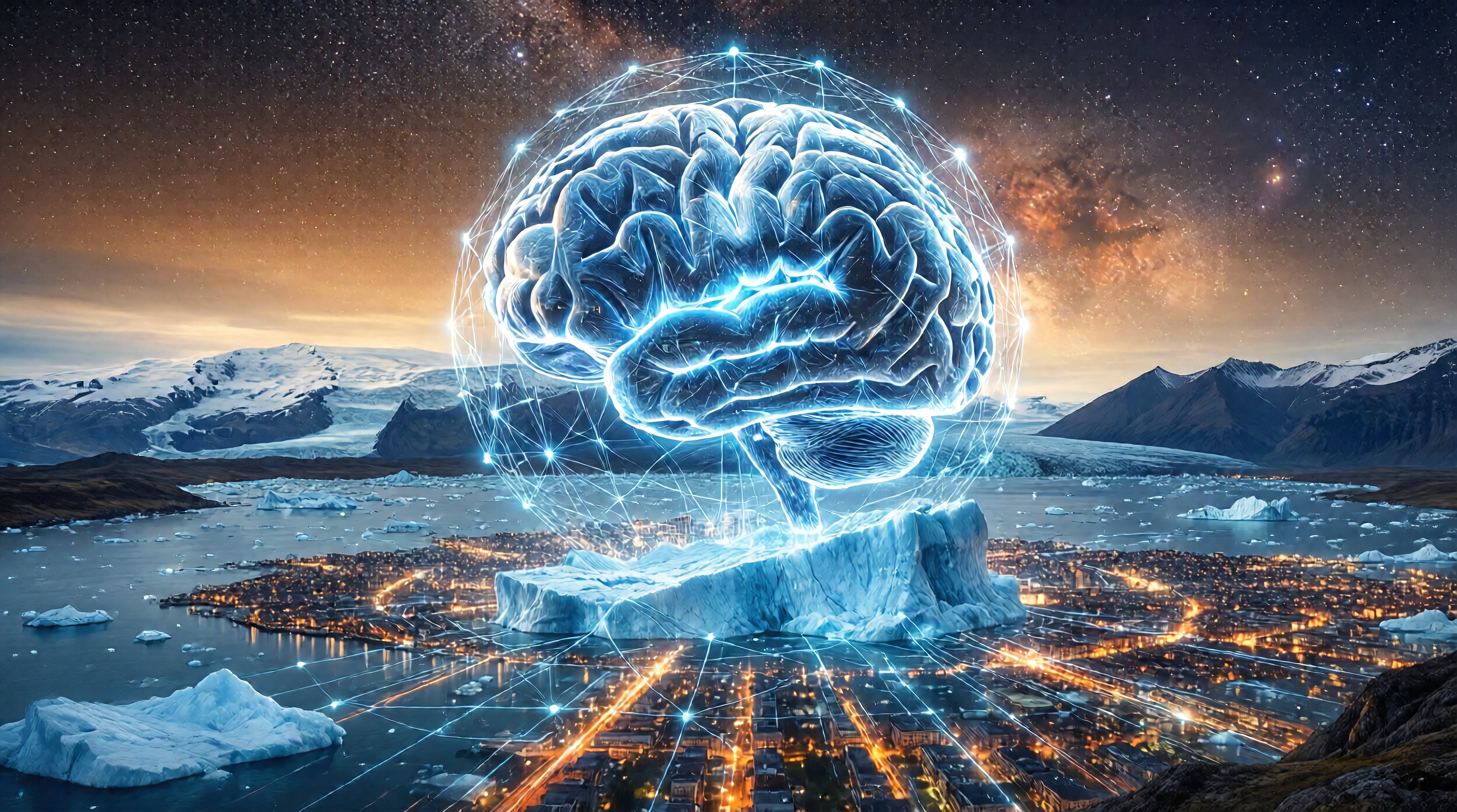 Futuristic Glowing Brain Neural Network Over Icy Arctic Cityscape