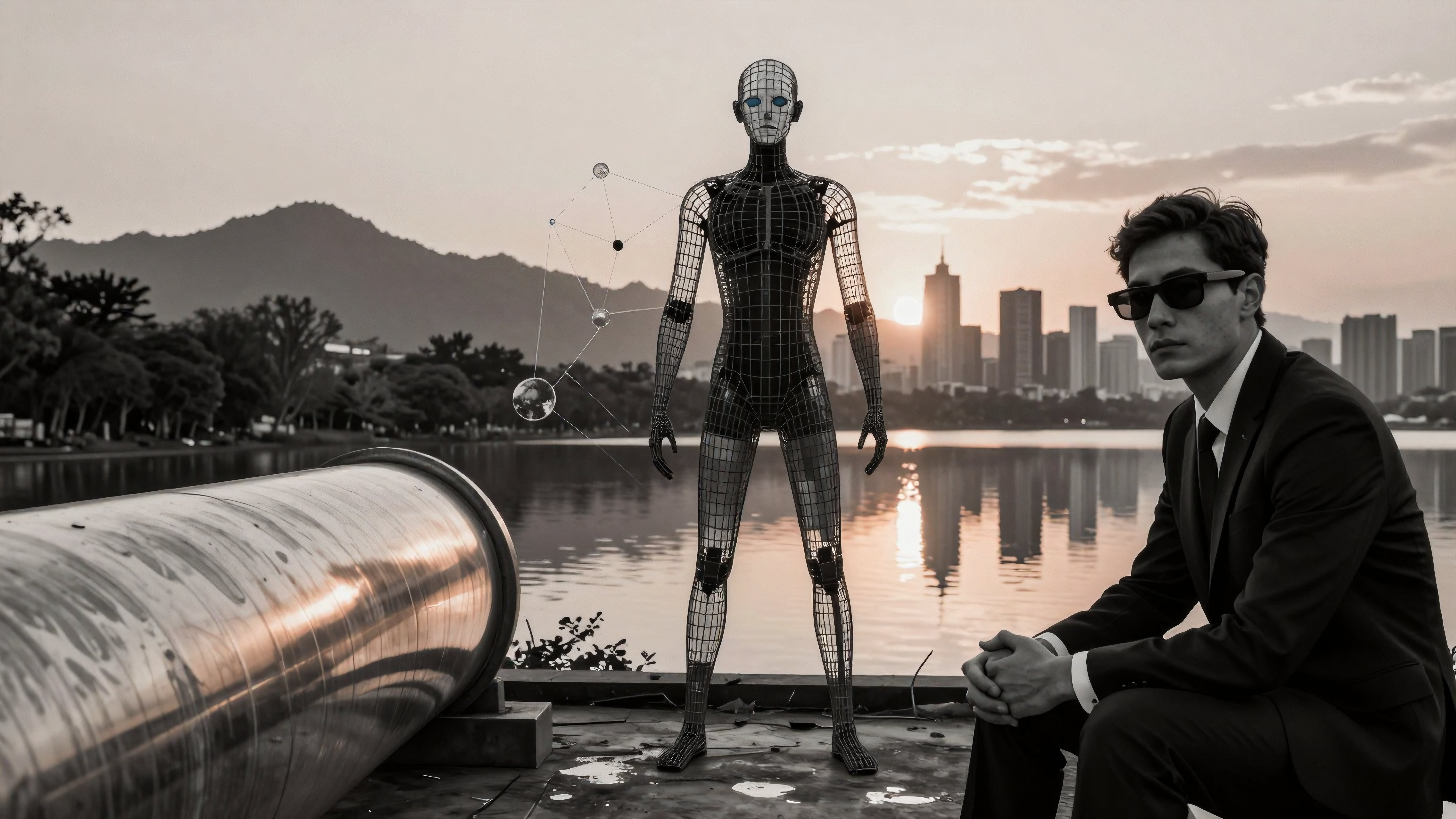 Businessman with AI Humanoid Figure by Lake at Sunset