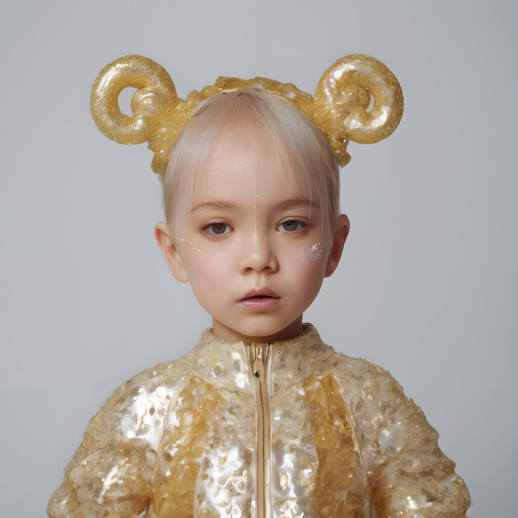 Golden Child Portrait with Shiny Accessories and Outfit Against Neutral Background