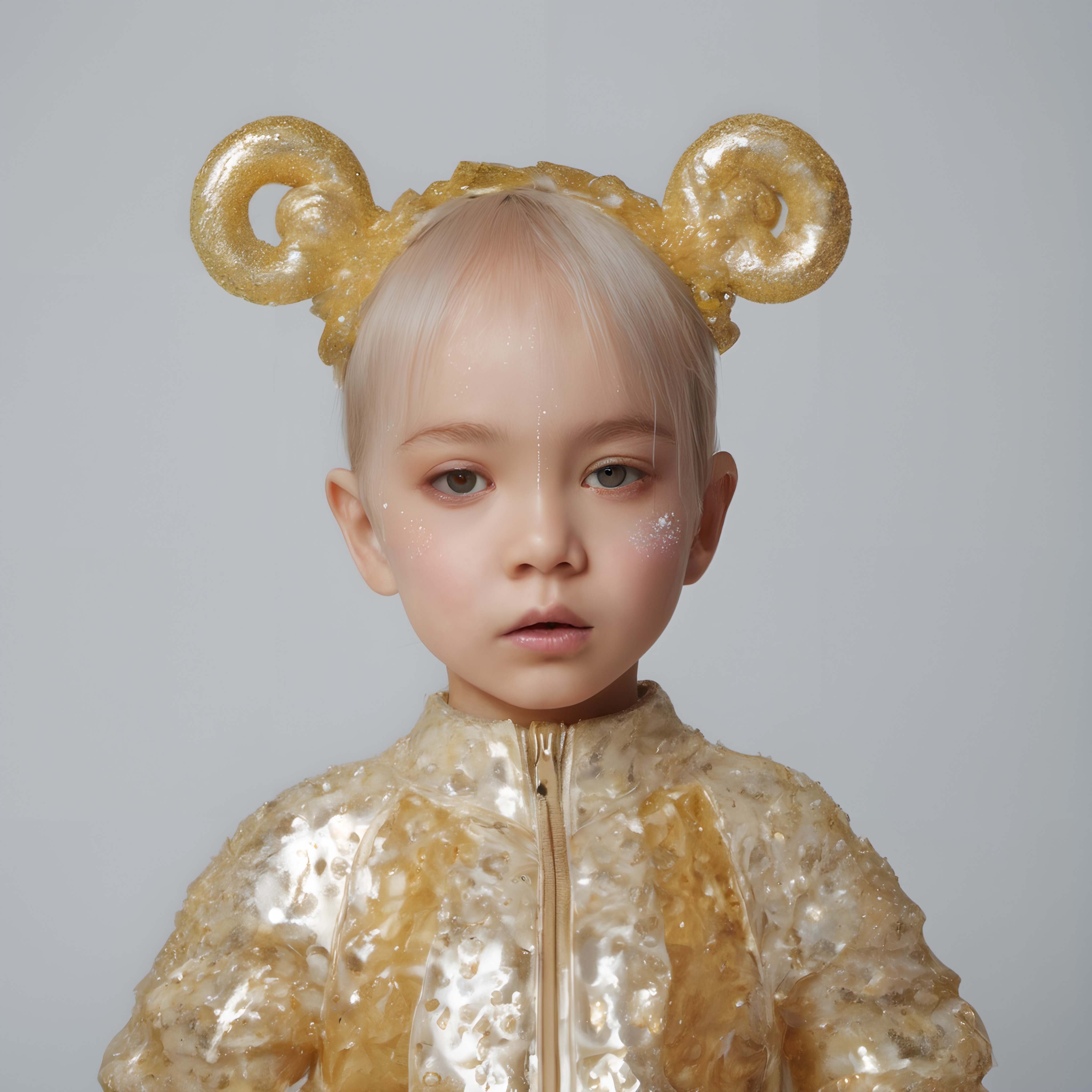 Golden Child Portrait with Shiny Accessories and Outfit Against Neutral Background
