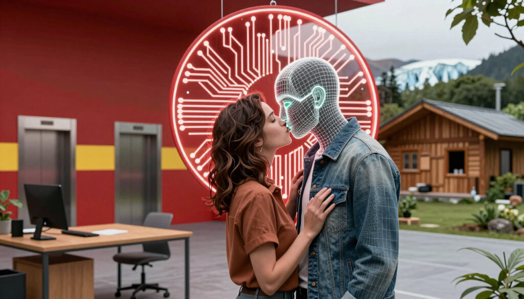 Woman kissing humanoid robot in futuristic tech environment