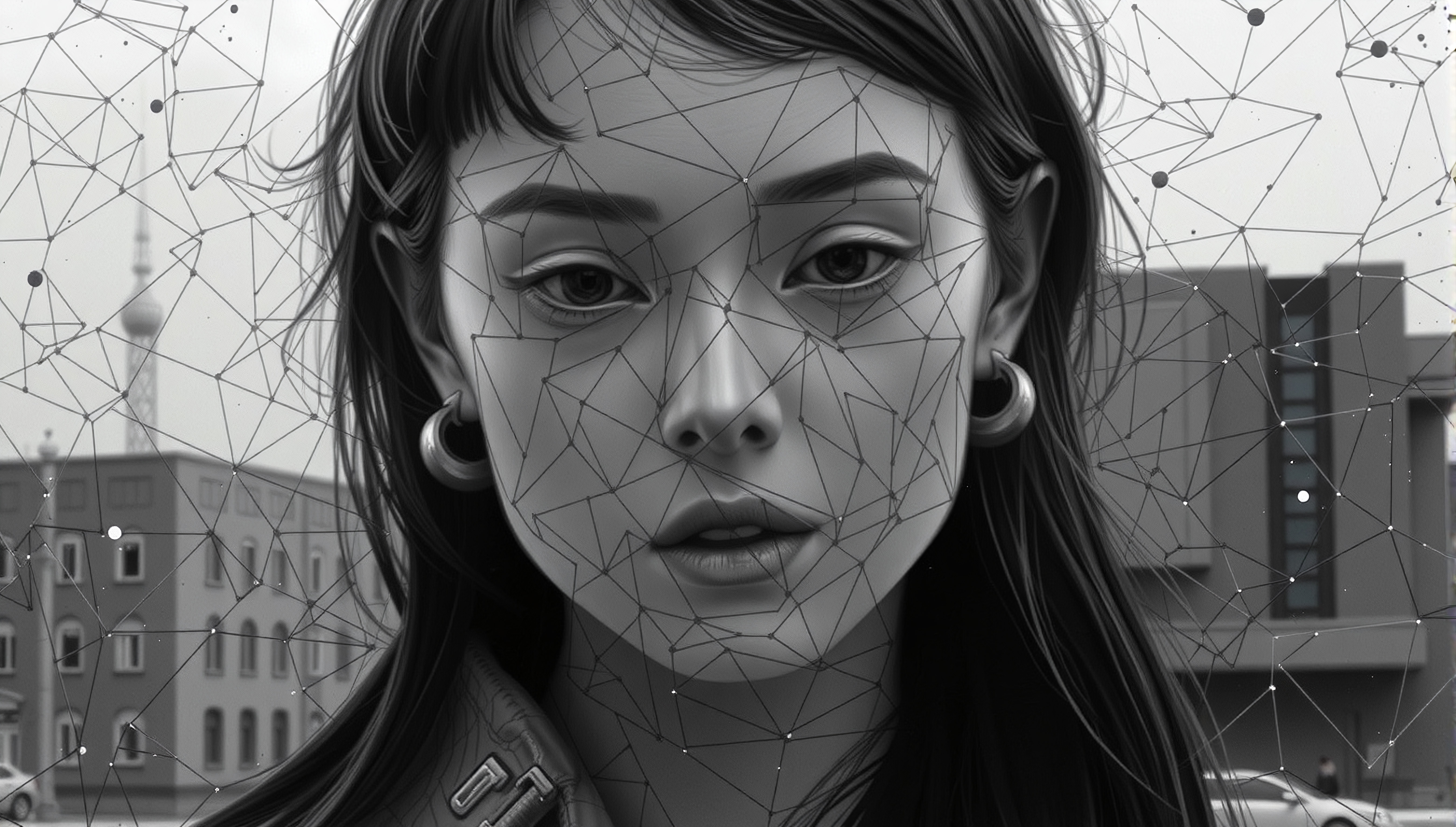 Geometric Network Overlay on Black and White Urban Portrait