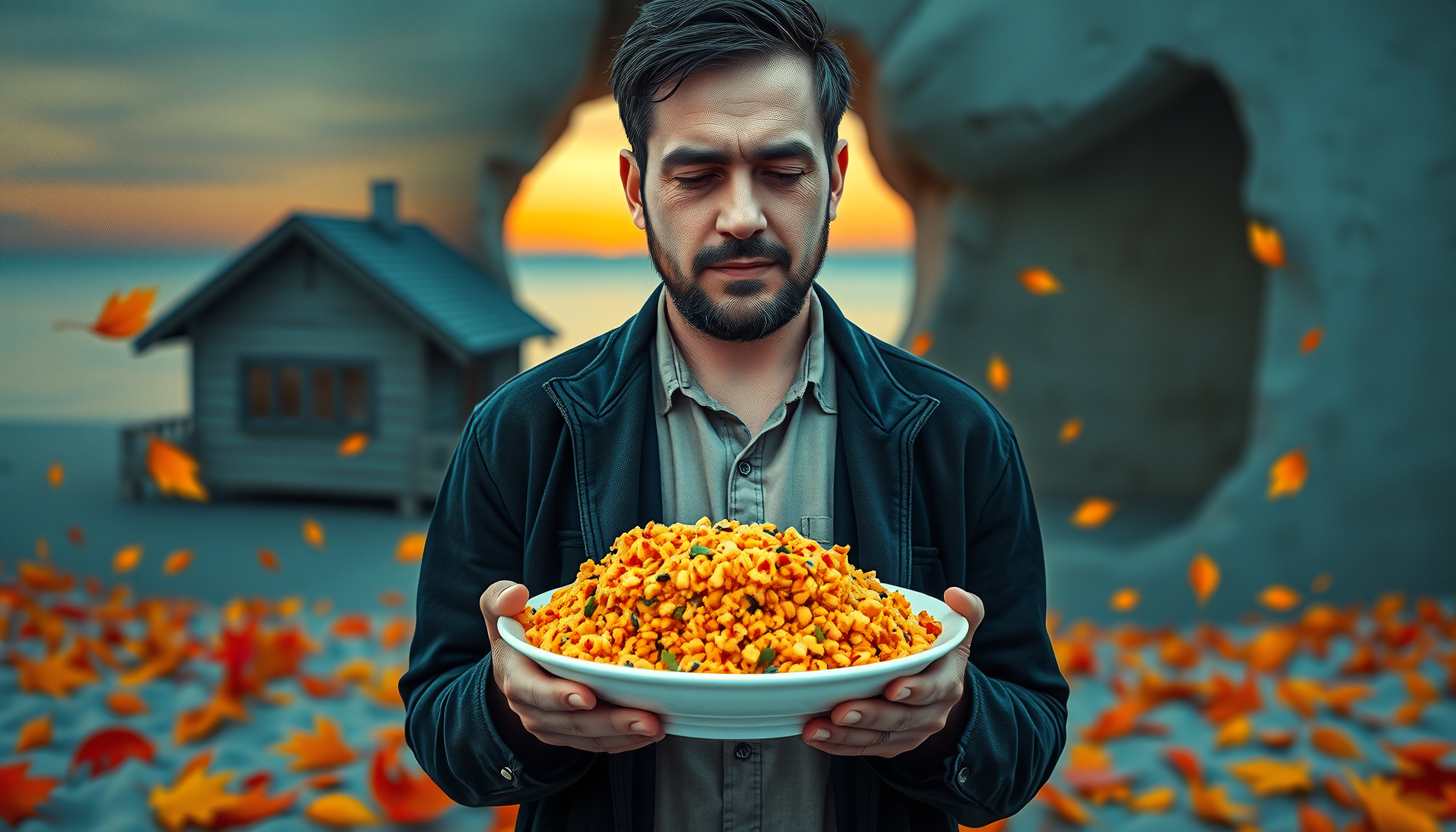 Man Holding Bowl of Autumn Harvest in Coastal Sunset Setting