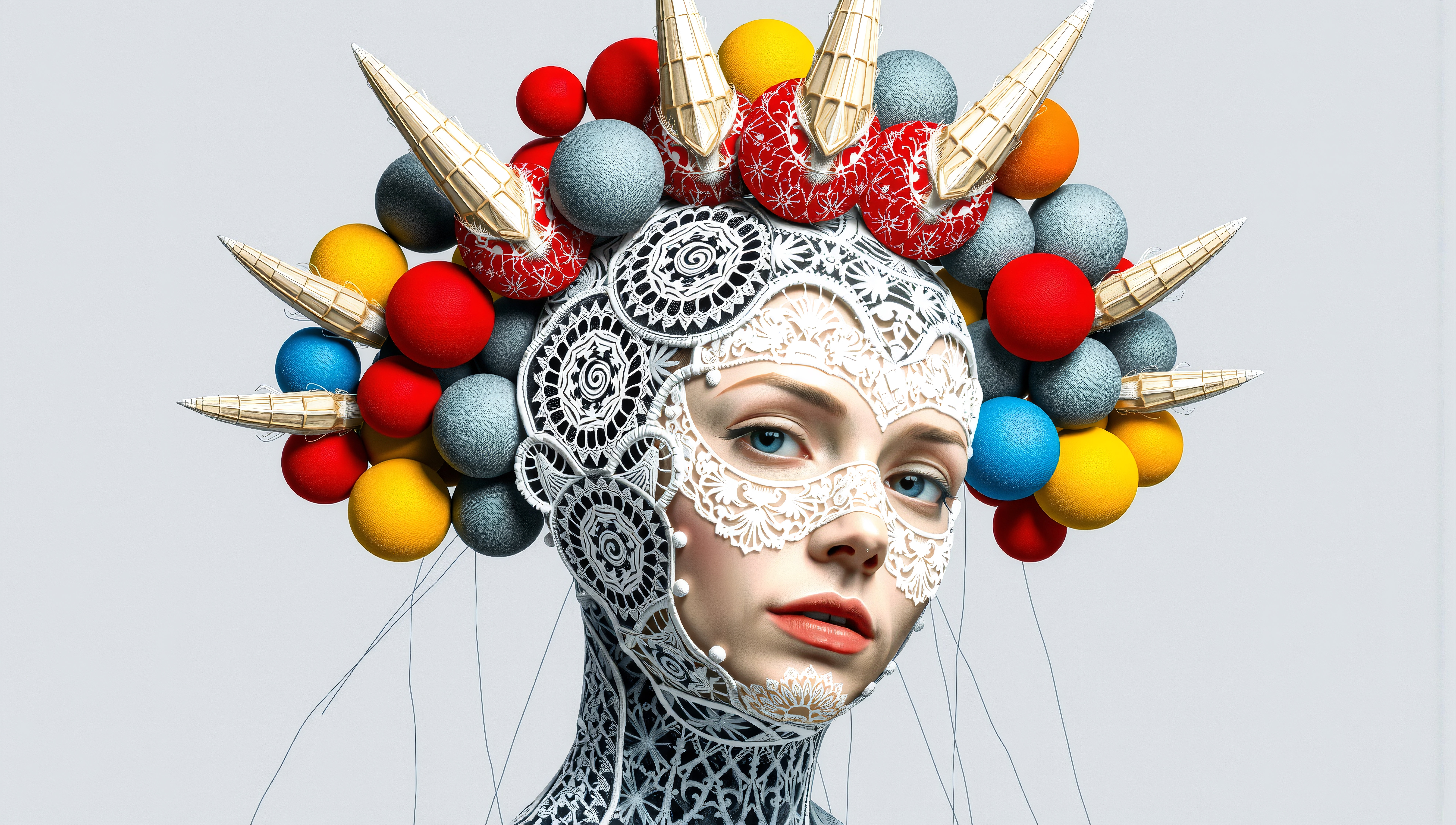 Surreal Portrait with Colorful Orb and Intricate Lace Headpiece