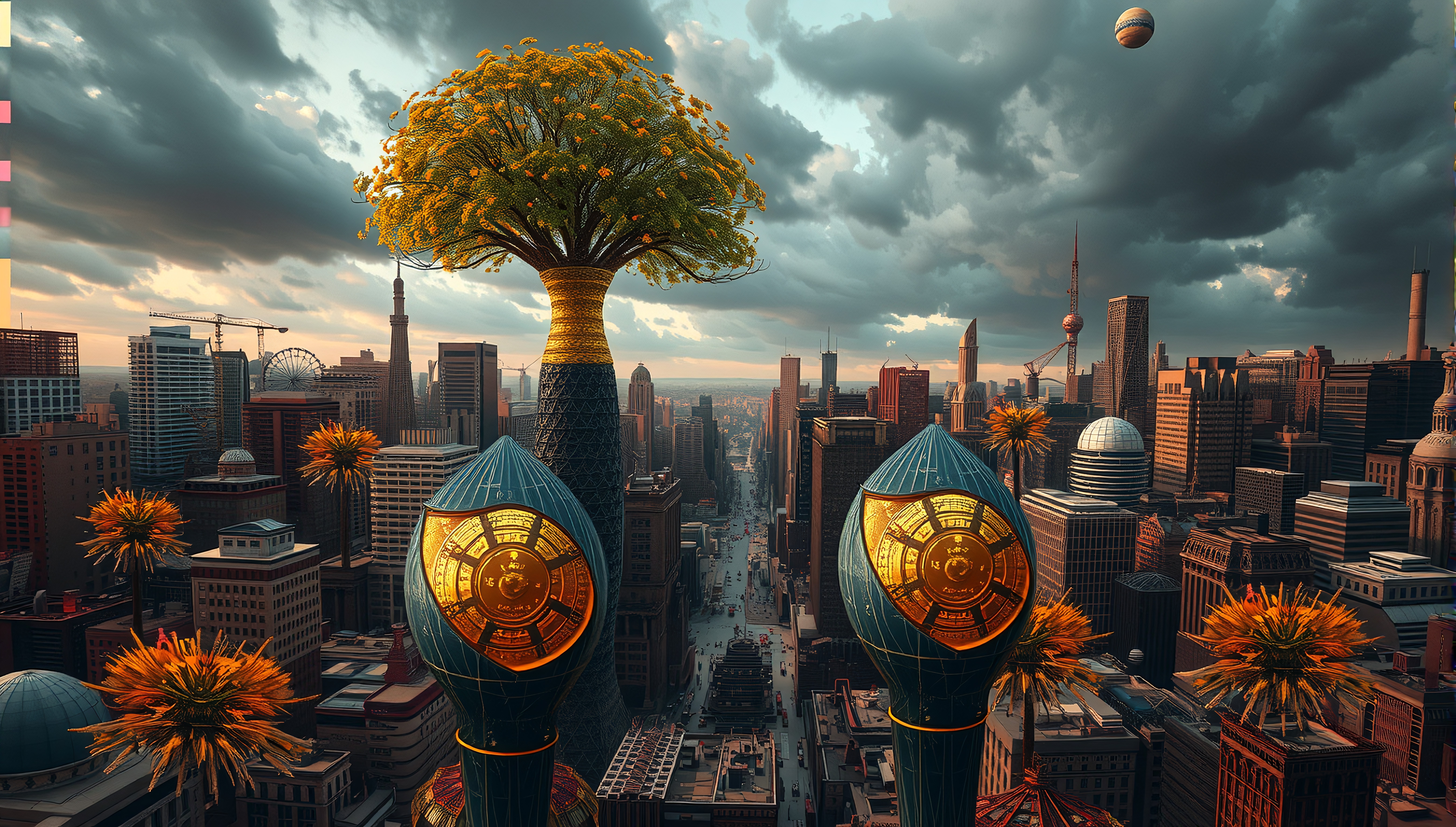 Futuristic Cityscape with Giant Tree and Bioluminescent Structures