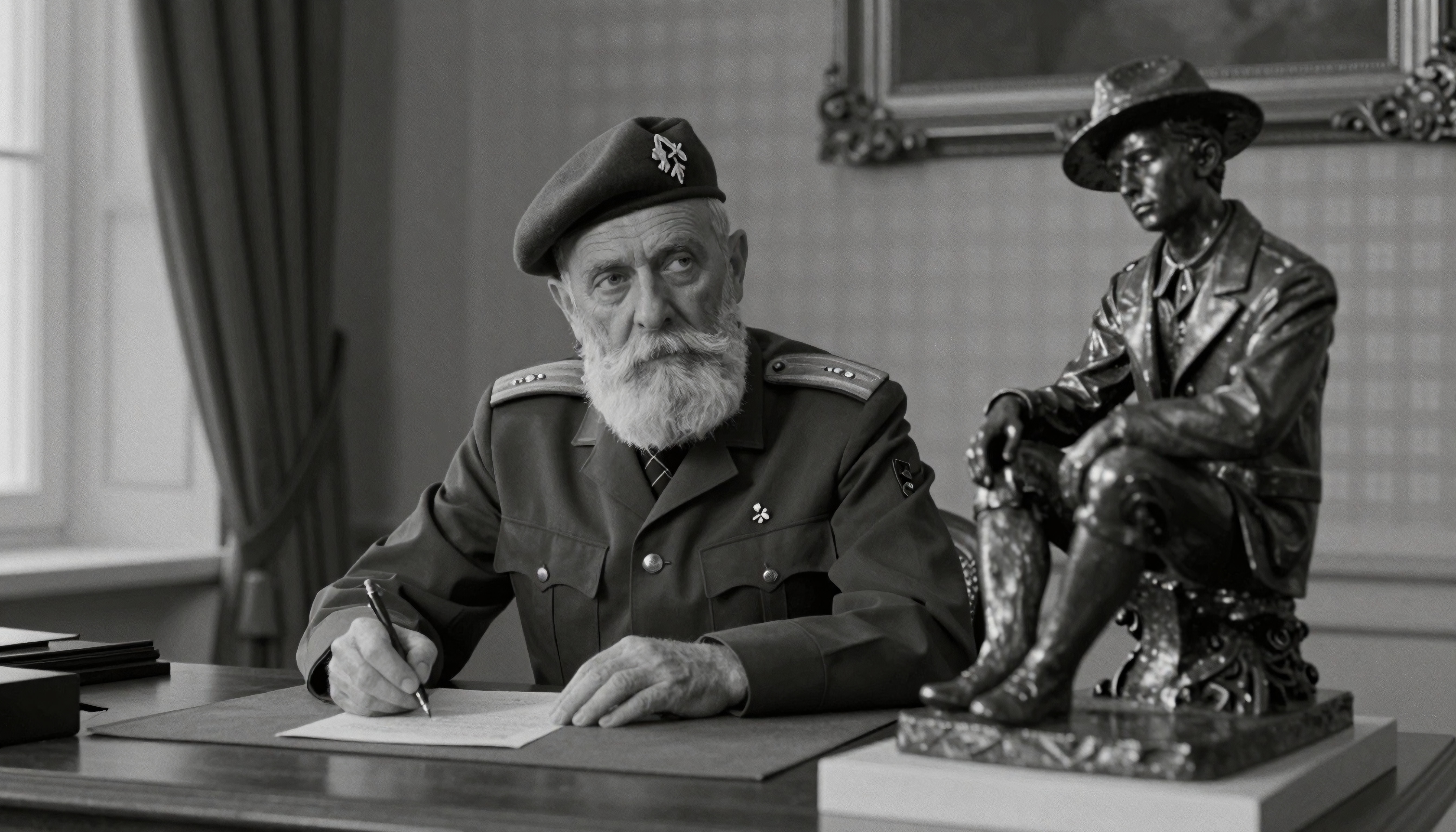 Elderly Military Veteran at Desk with Bronze Statue - Historical Portrait